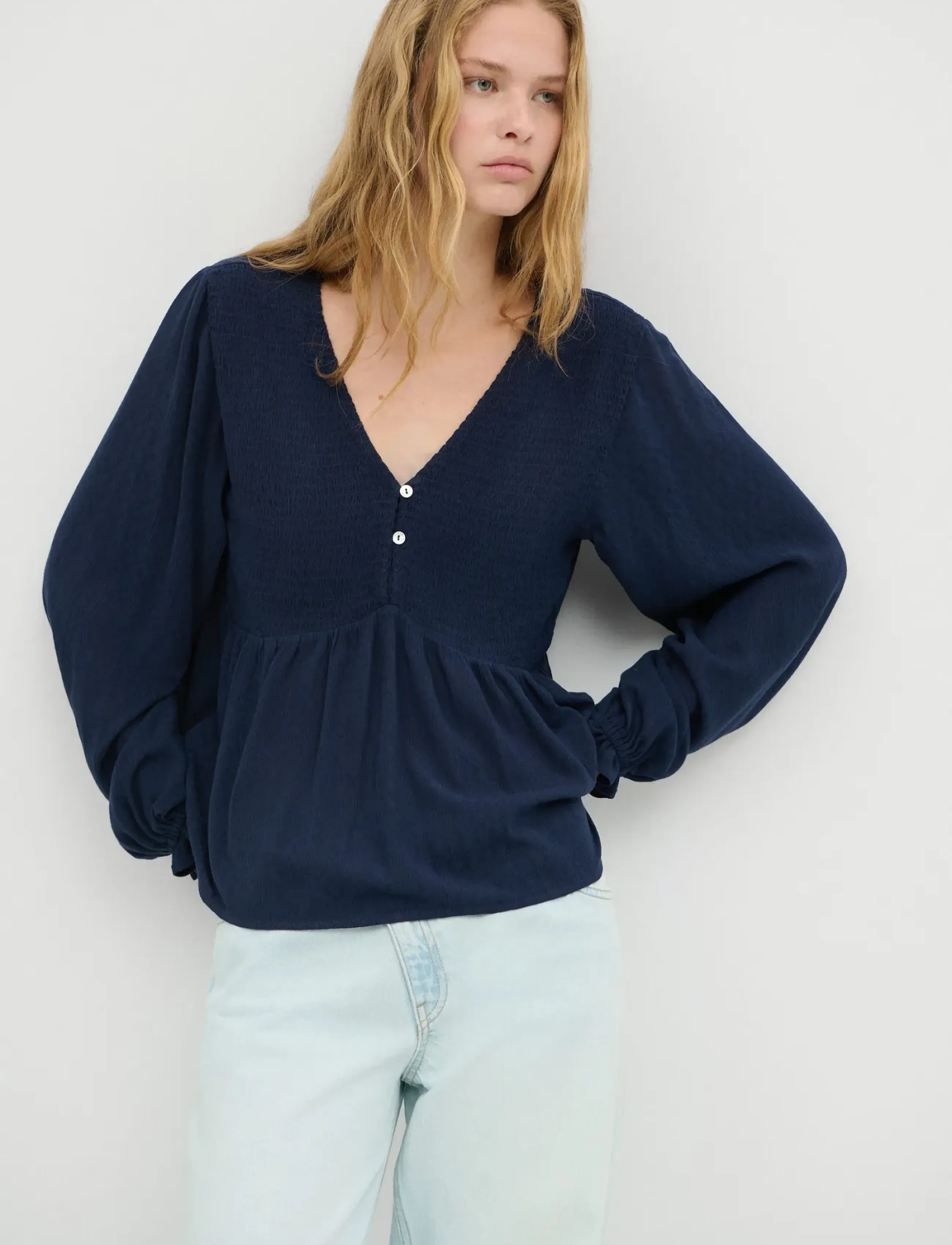 Mango Teen - Textured V-neck blouse - bluser & tunikaer - navy - 0