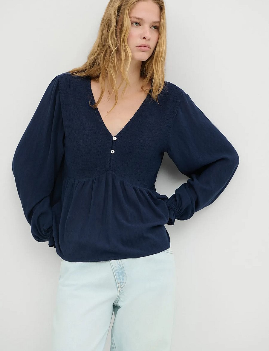 Mango Teen - Textured V-neck blouse - bluser & tunikaer - navy - 0