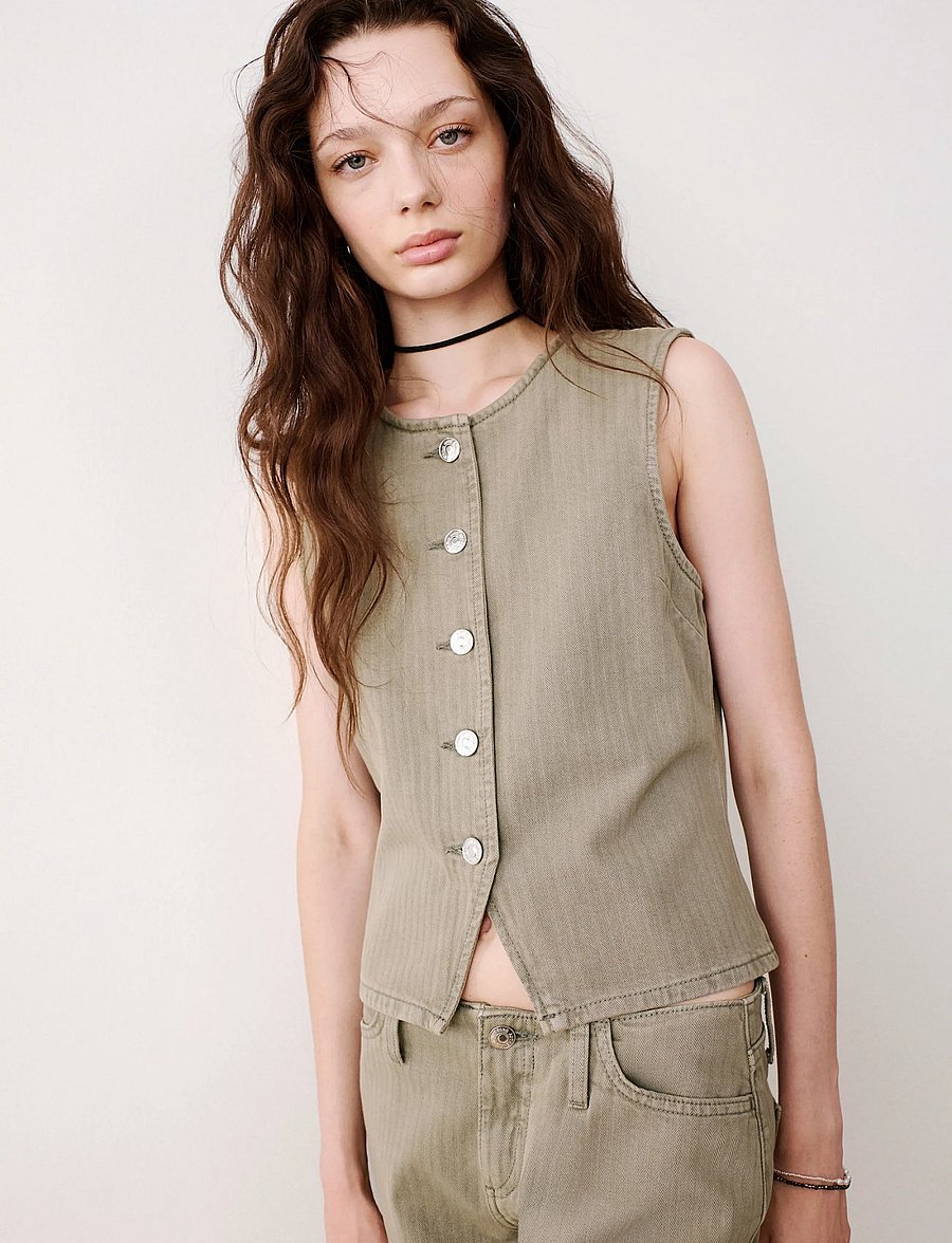 Mango Teen - Striped denim gilet - veste - beige - khaki - 0