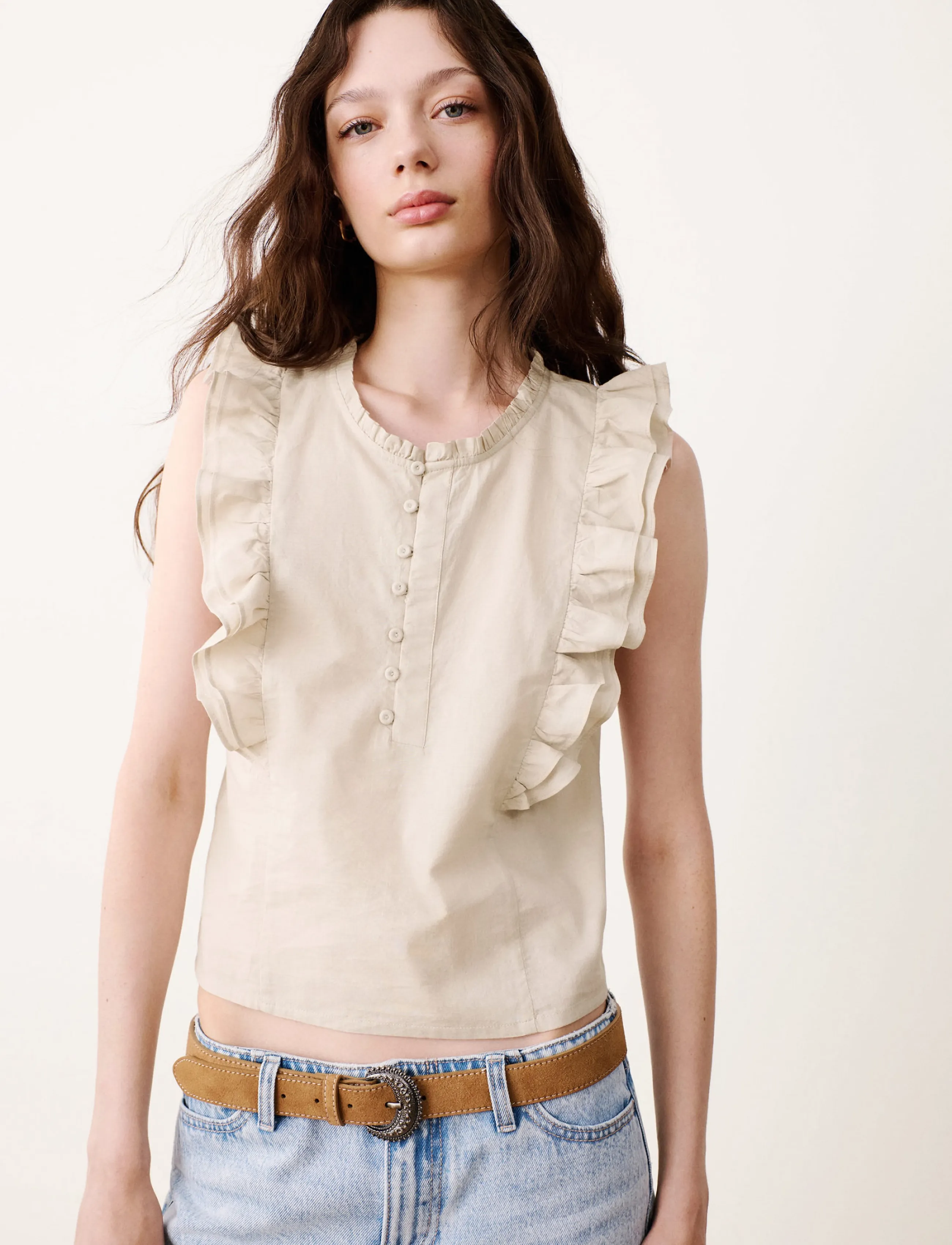 Mango Teen Cotton Blouse With Ruffle Detail, S, Brown, Overdele > Bluser & Tunikaer, Børn