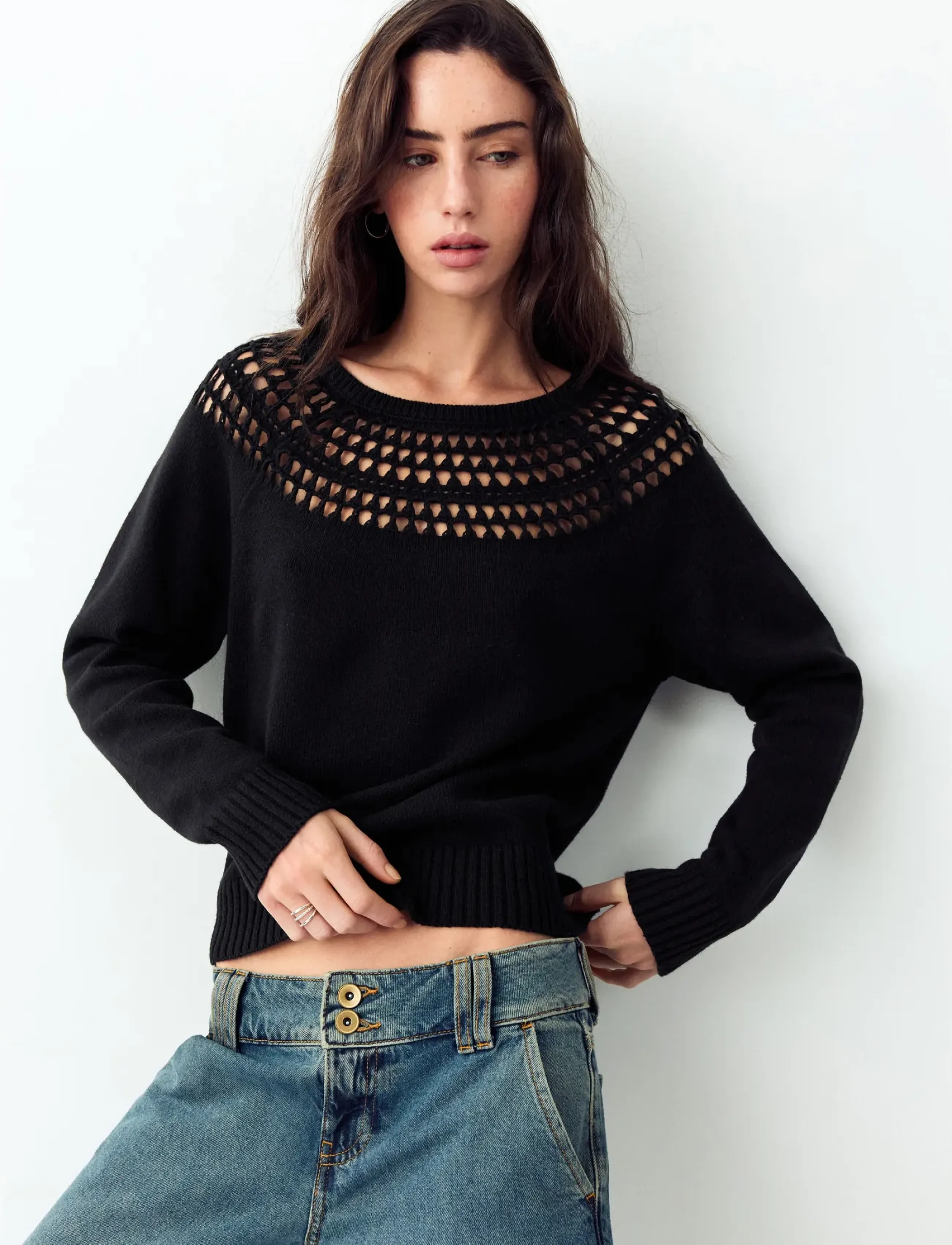 Mango Teen - Openwork knit sweater - trøjer - black - 0