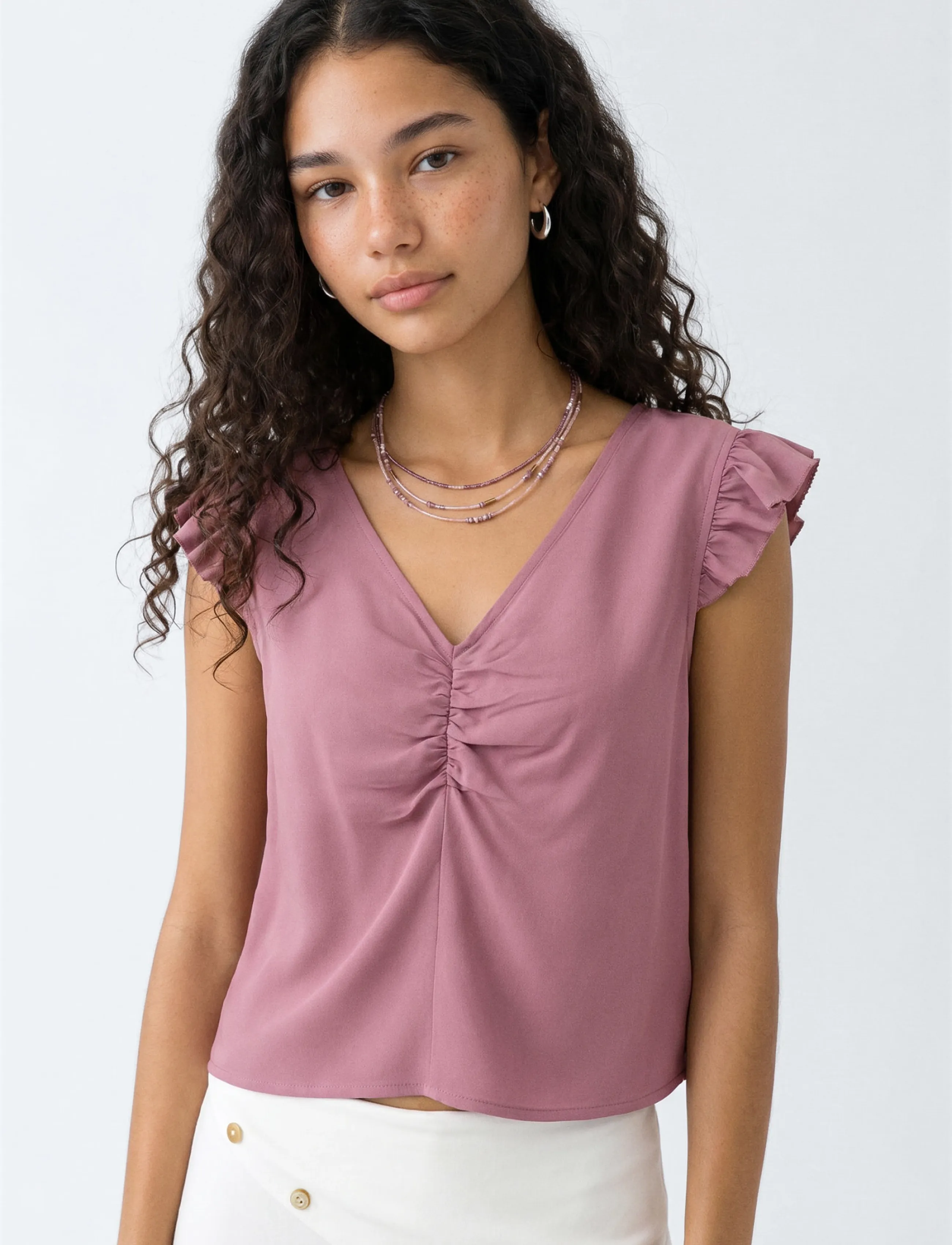 Mango Teen V-Neck Top With Frill Detail, S, Oberteile, Burgunderrot - Blouses & Tunics, Kinder