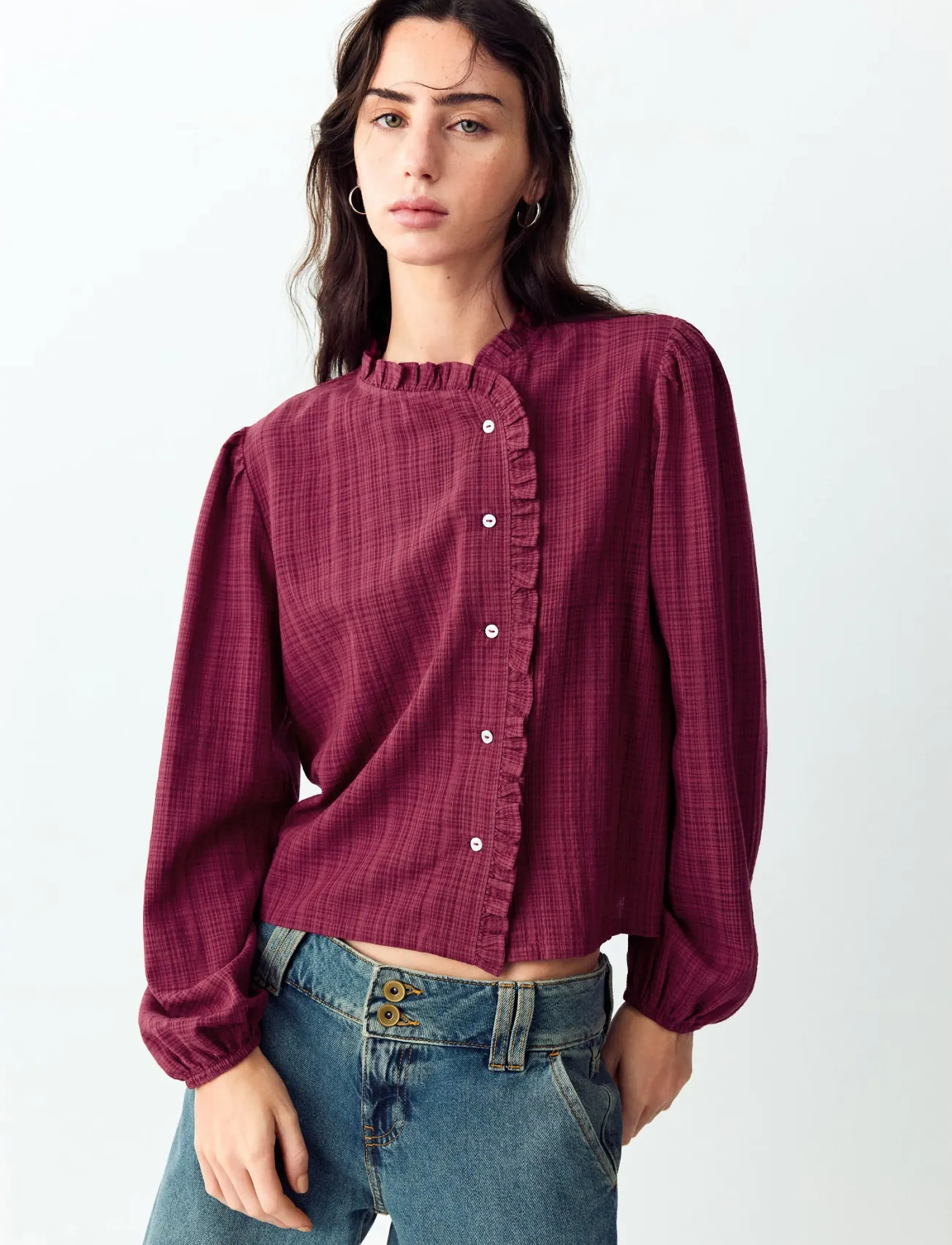 Mango Teen Wrap-front blouse with ruffle detail - Överdelar - DARK RED / burgundy