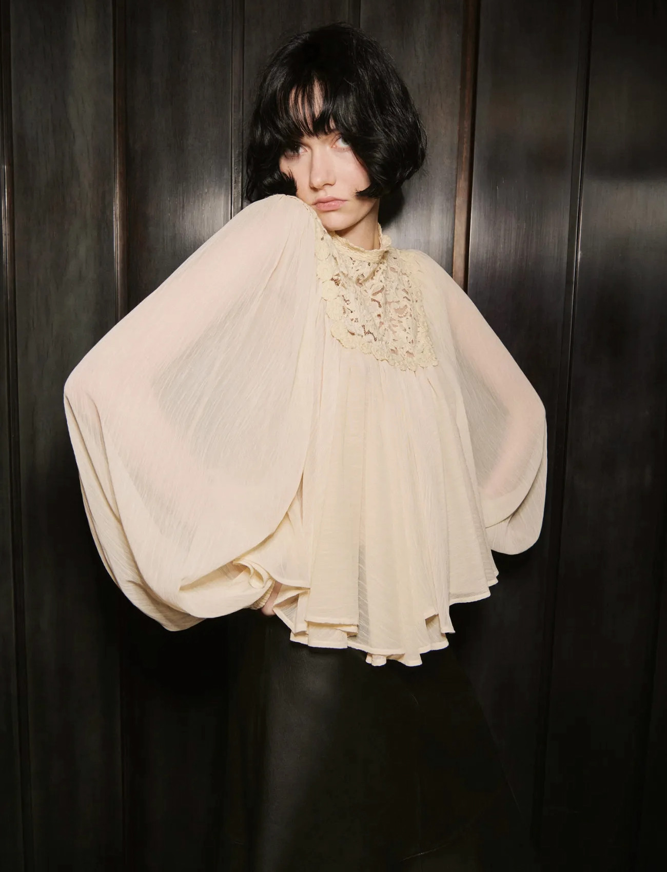 Mango Lace Combination Blouse - Cream - M