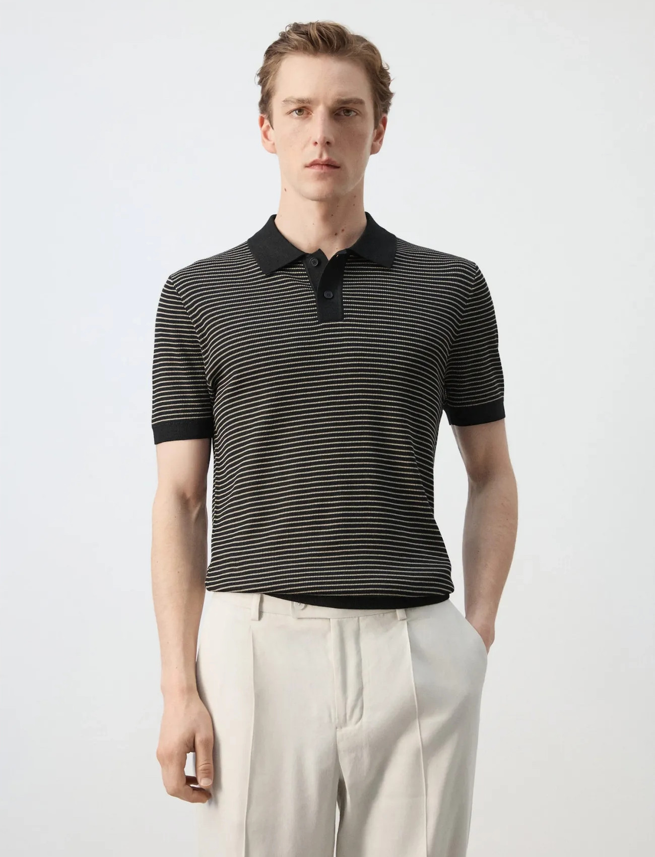 Mango Striped Knit Cotton Polo Shirt - - S 1