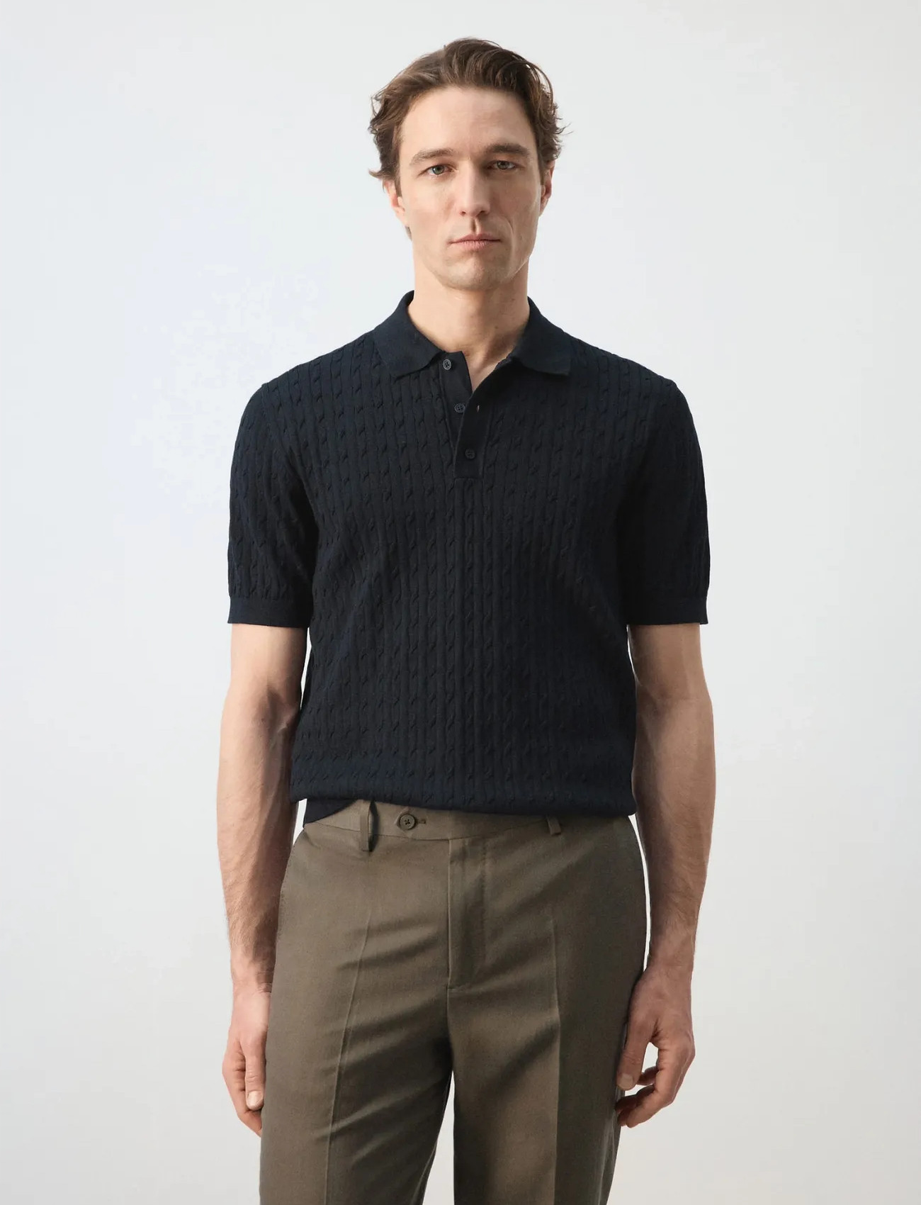 Mango 100% Cotton Braided Knitted Polo Shirt - Navy - S 2
