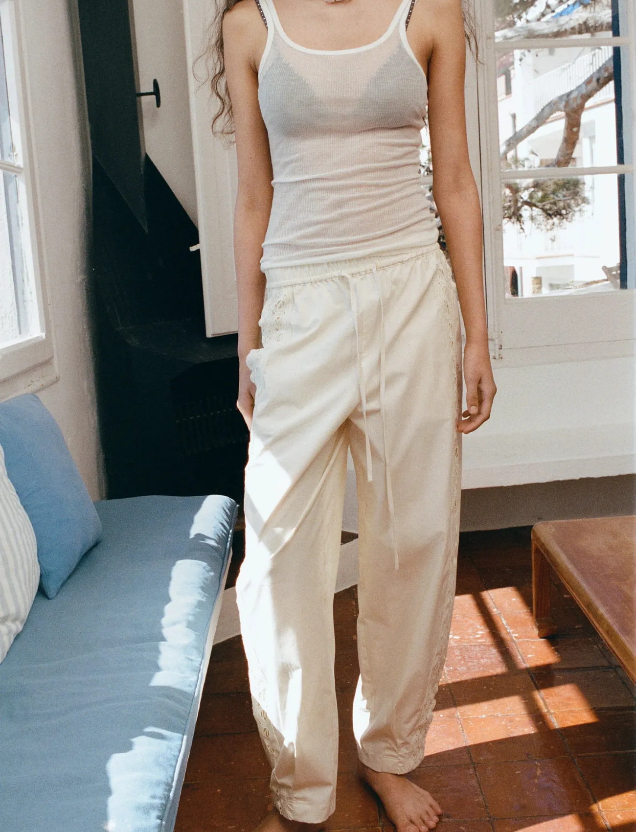 Mango 100% Cotton Trousers With Embroidered Stripe - - XS 1