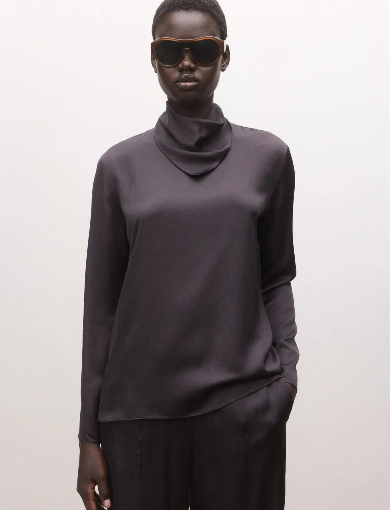 Mango Satin Blouse With A Turtleneck - Brown - S