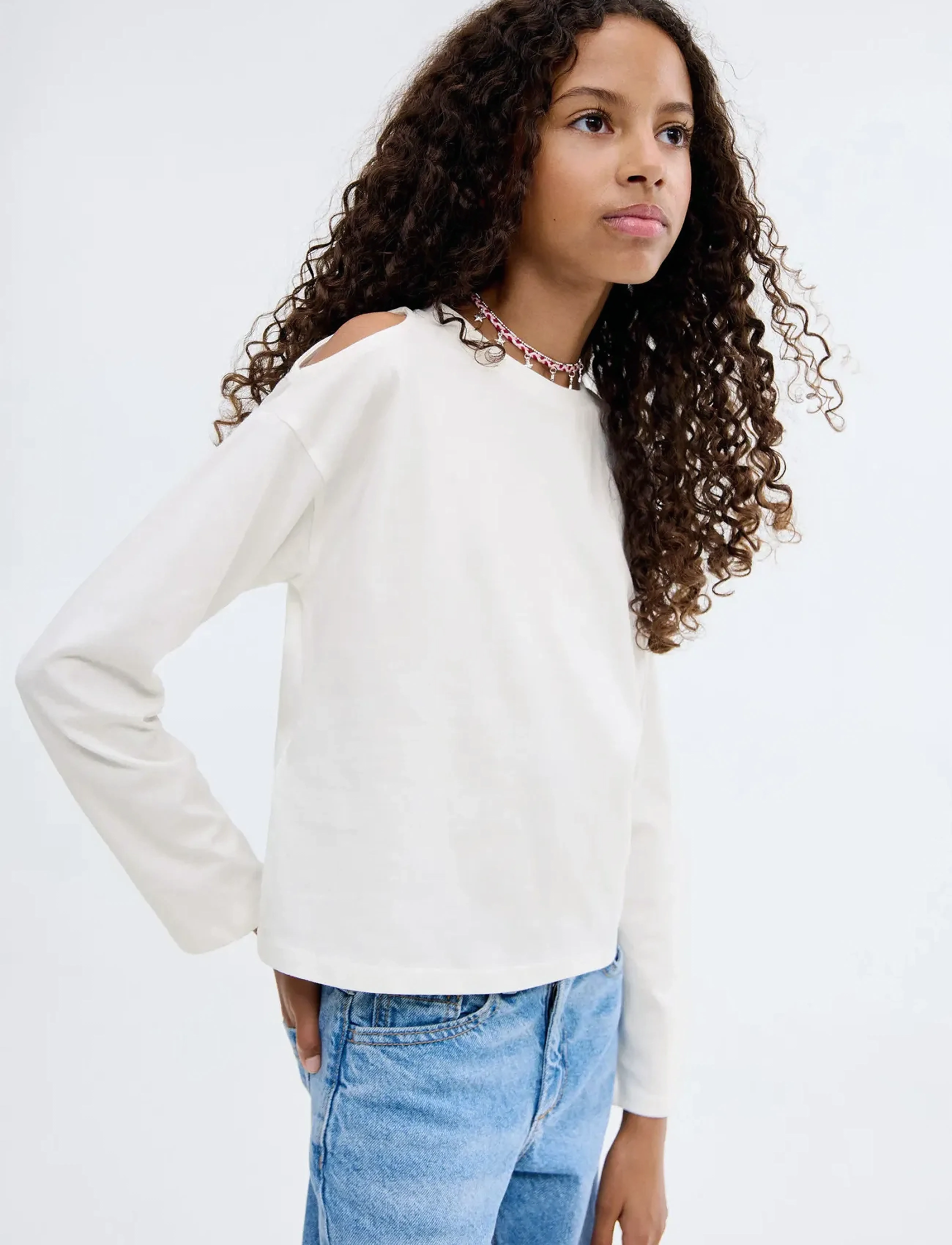 Mango Cut-Out T-Shirt, Børn, Langærmet Cut-out T-shirt, Hvid, Str: 7-8