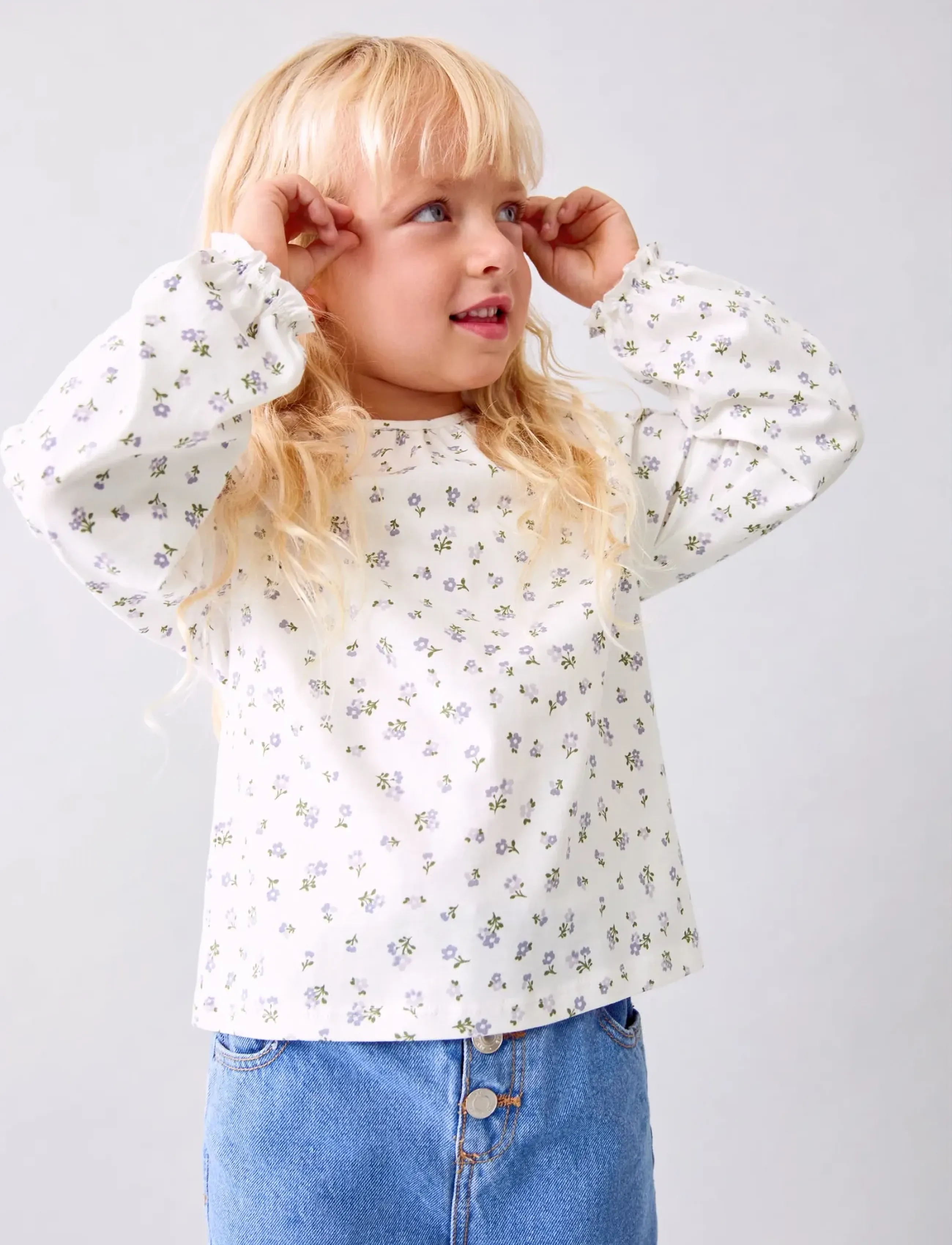 Mango Floral Cotton T-Shirt, 5-6, Blouses, Creme - Long-sleeved, Kinder
