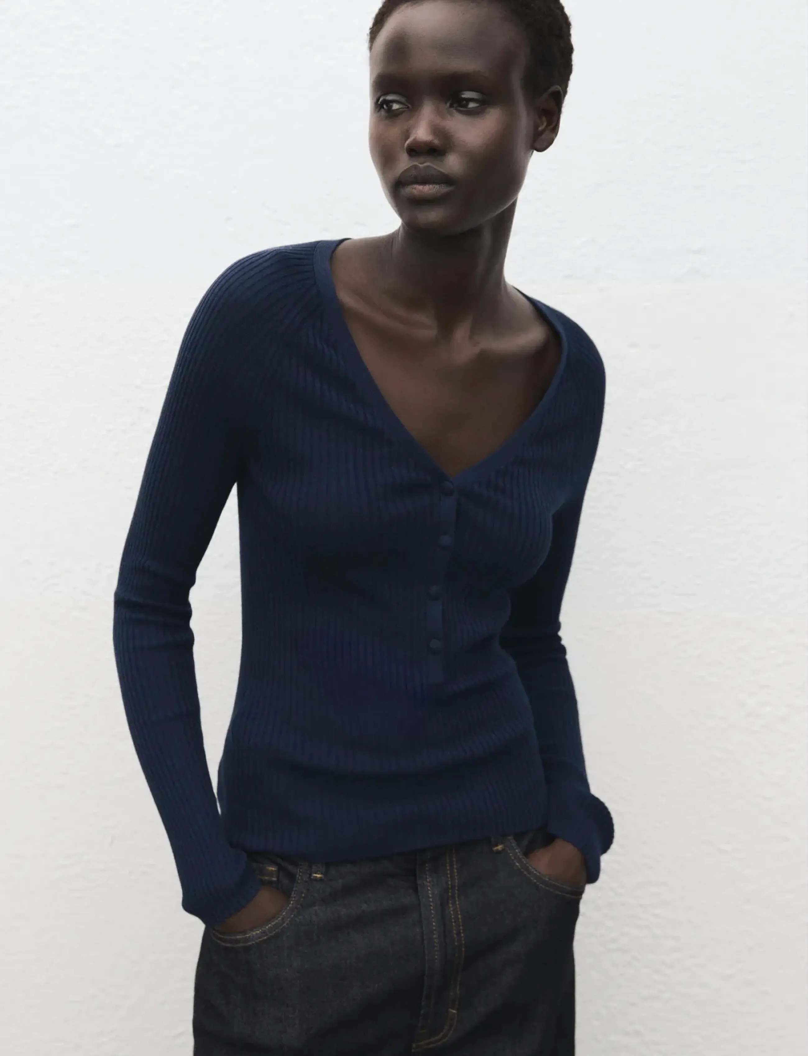 Mango V-neck ribbed knit sweater - Mango - NAVY / navy