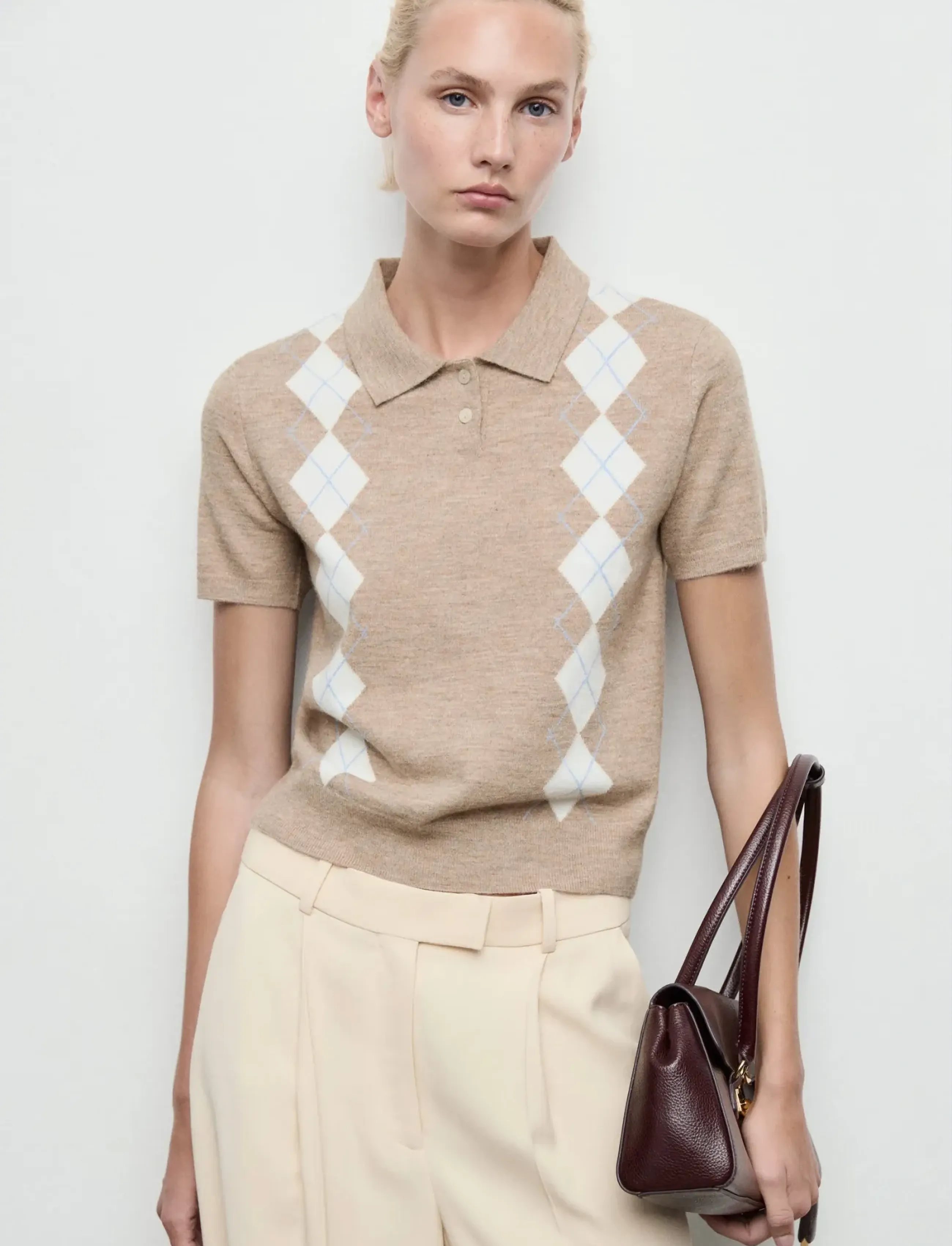 Mango Argyle Polo Neck Sweater, XS, T-shirts & Oberteile, Beige - Polos, Frauen