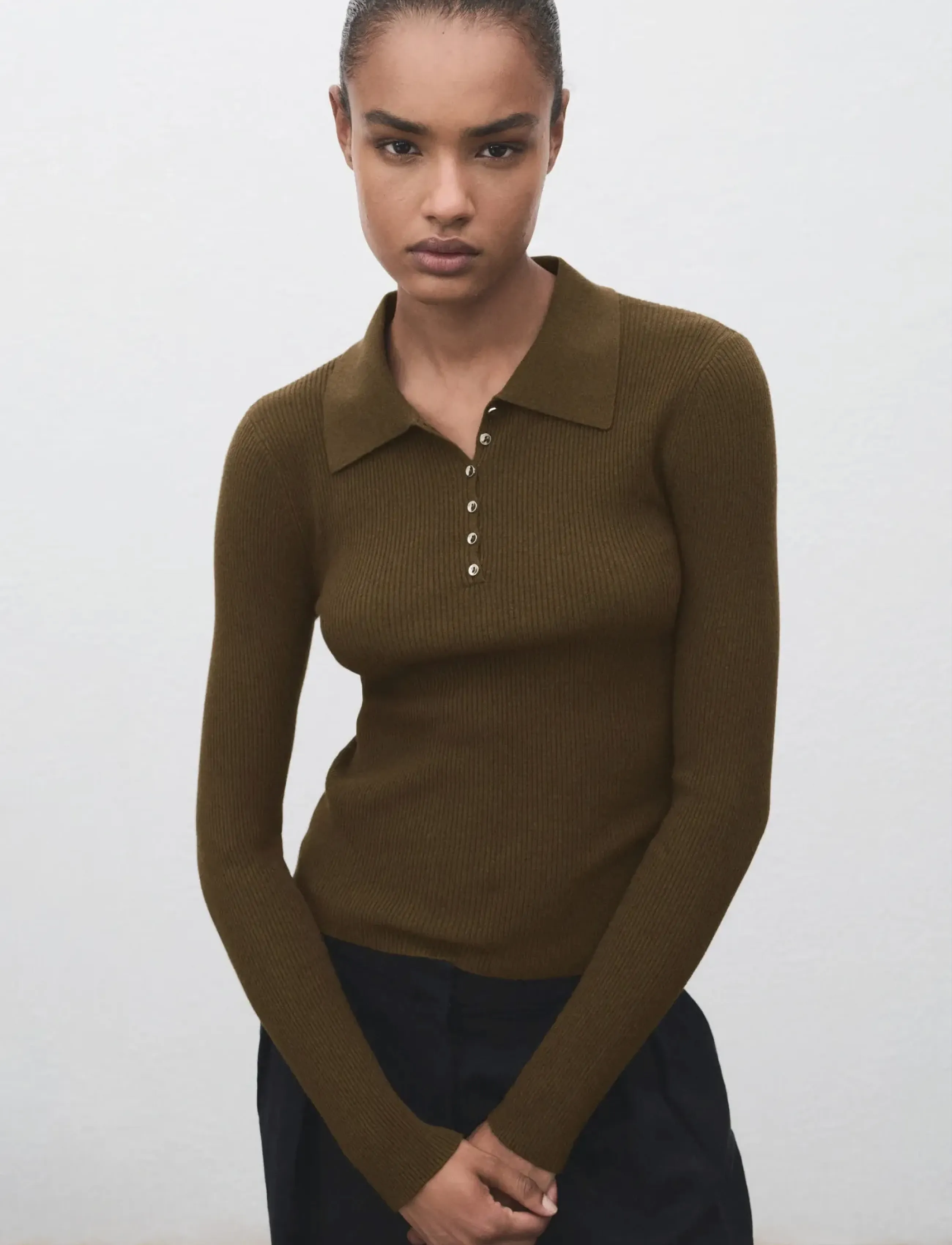 Mango Polo-Neck Ribbed Sweater, XL, T-shirts & Oberteile, Khakigrün - Polos, Frauen