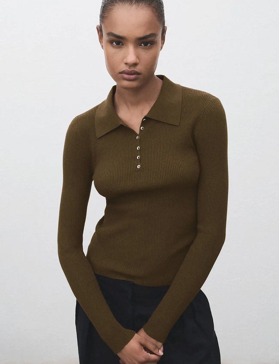 Mango - Polo-neck ribbed sweater - pikéer - beige - khaki - 0