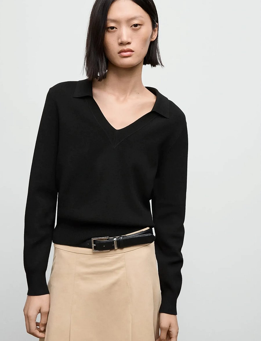 Mango - Fine-knit V-neck sweater - striktrøjer - black - 0