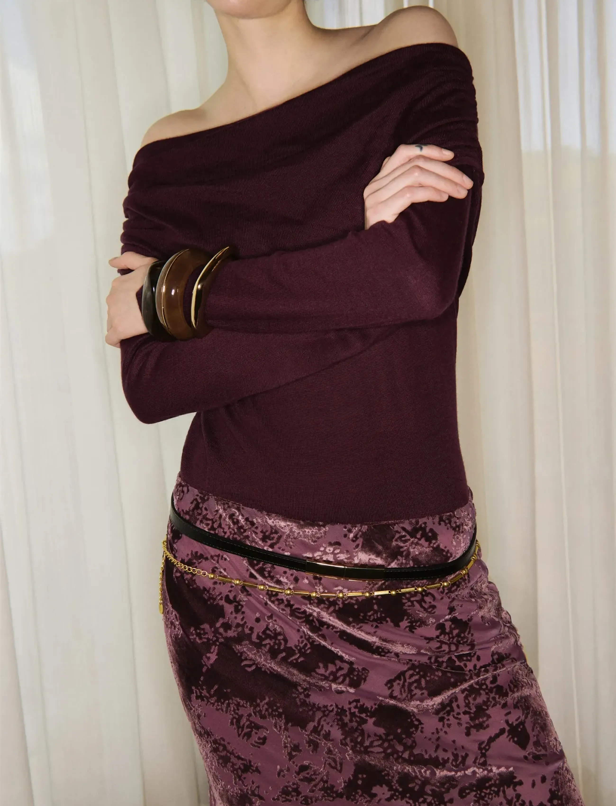 Mango Fitted Sweater With Draped Neckline, Kvinder, Skulderfri Drapet Trøje, Bordeaux, Str: L
