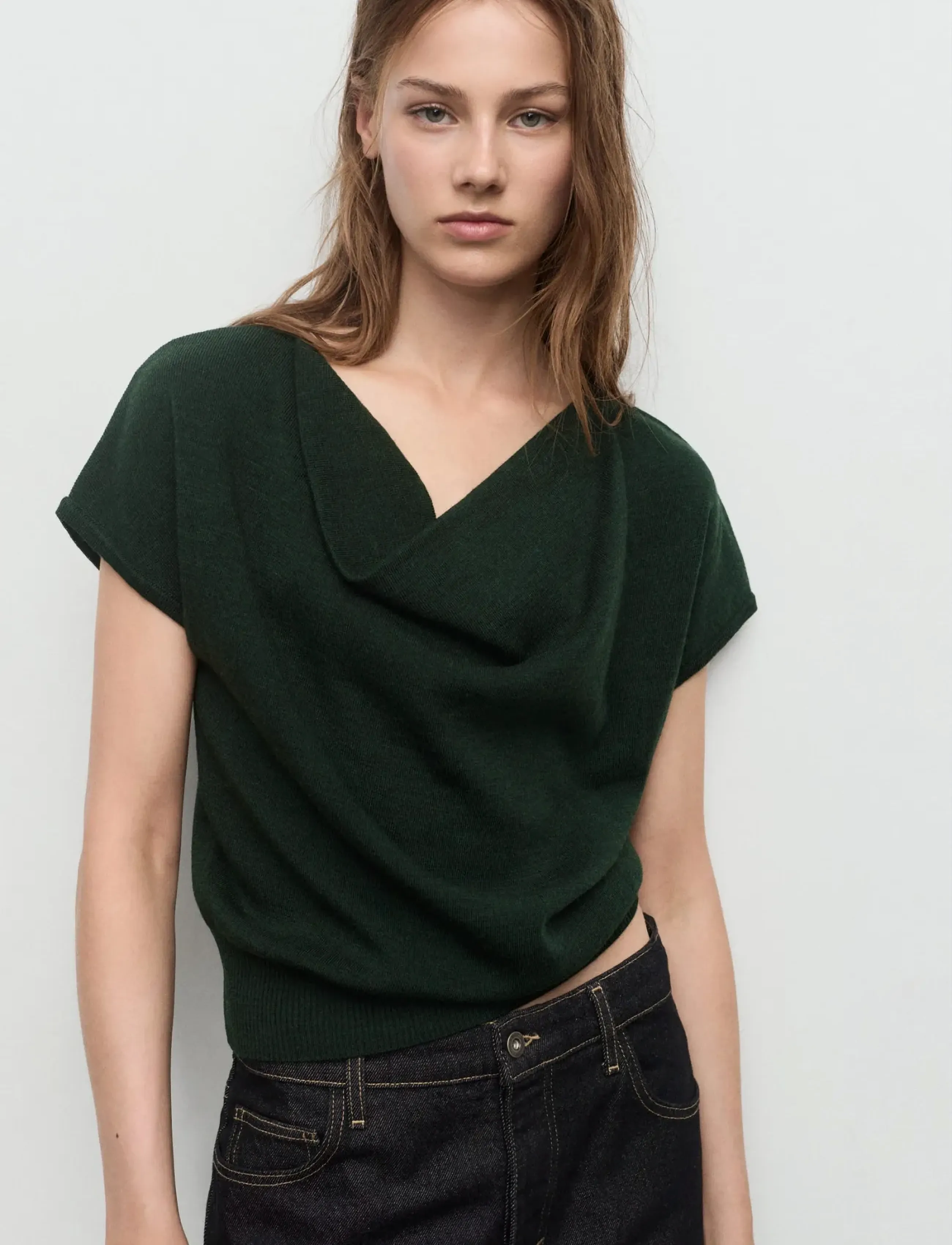 Mango Short-Sleeved Top With Draped Neckline, Kvinder, Kortærmet Cowl Neck Top, Grøn, Str: XS