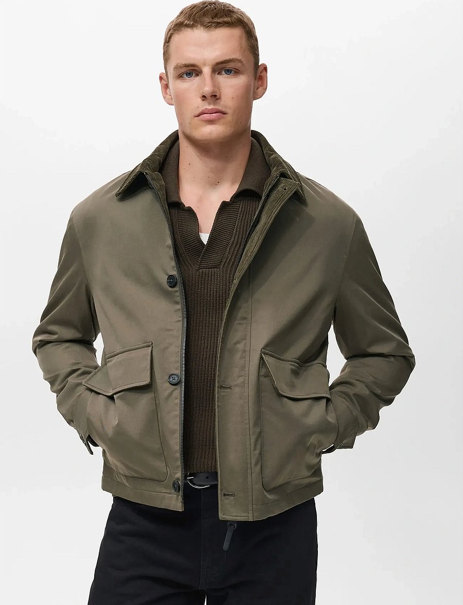 Mango - Water-repellent jacket with corduroy collar - vårjackor - dark green - 0