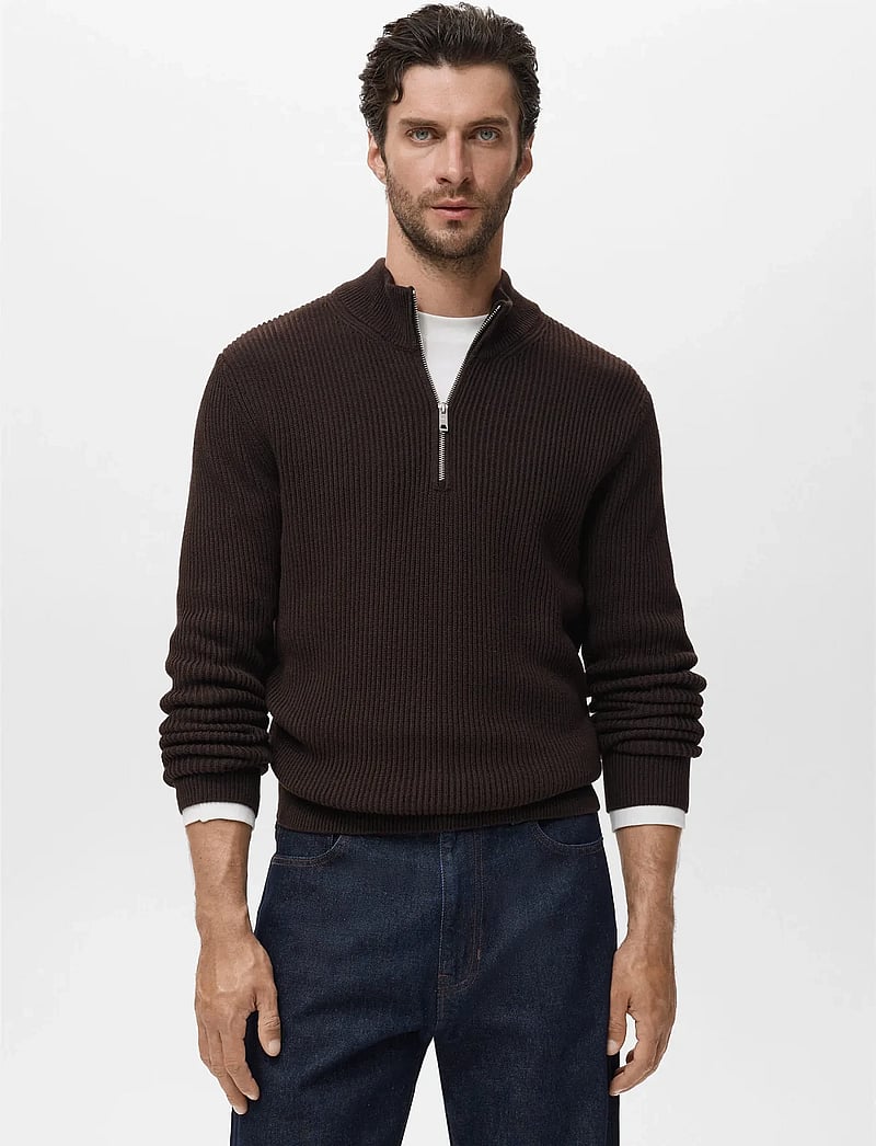 Mango - 100% cotton perkins-neck sweater - pullover mit halbem reißverschluss - dark brown - 0