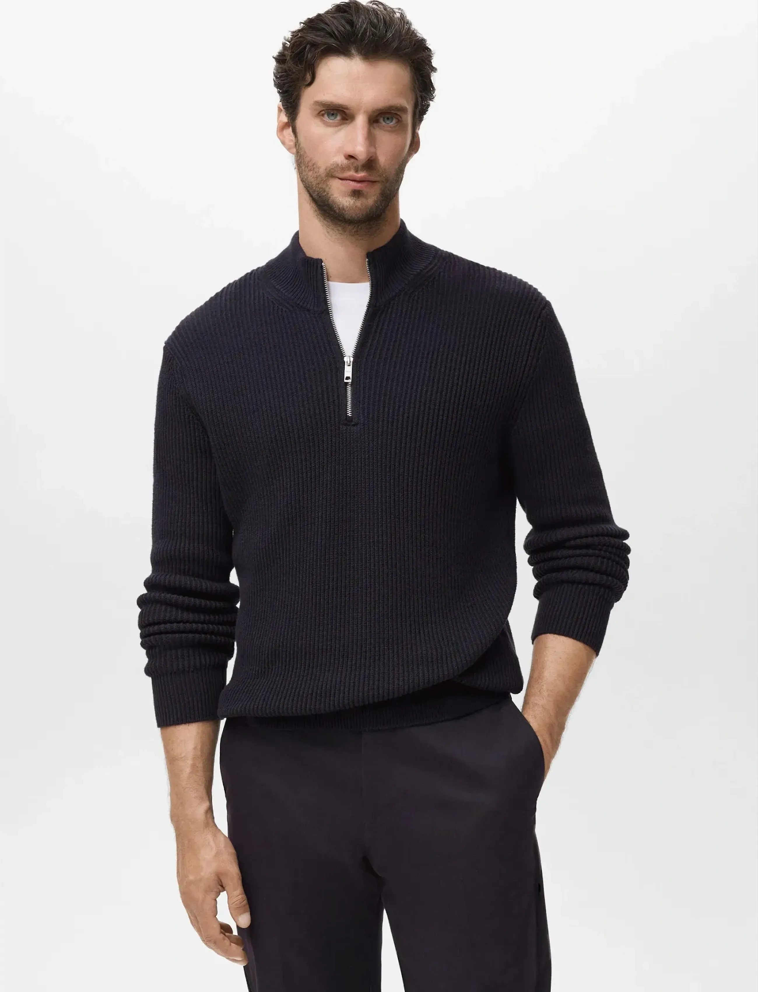 Mango 100% cotton perkins-neck sweater - Looks for less - NAVY / navy