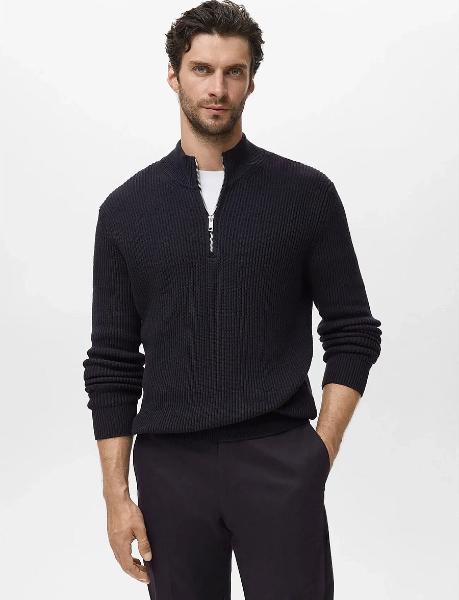 Mango - 100% cotton perkins-neck sweater - half zip-tröjor - navy - 0