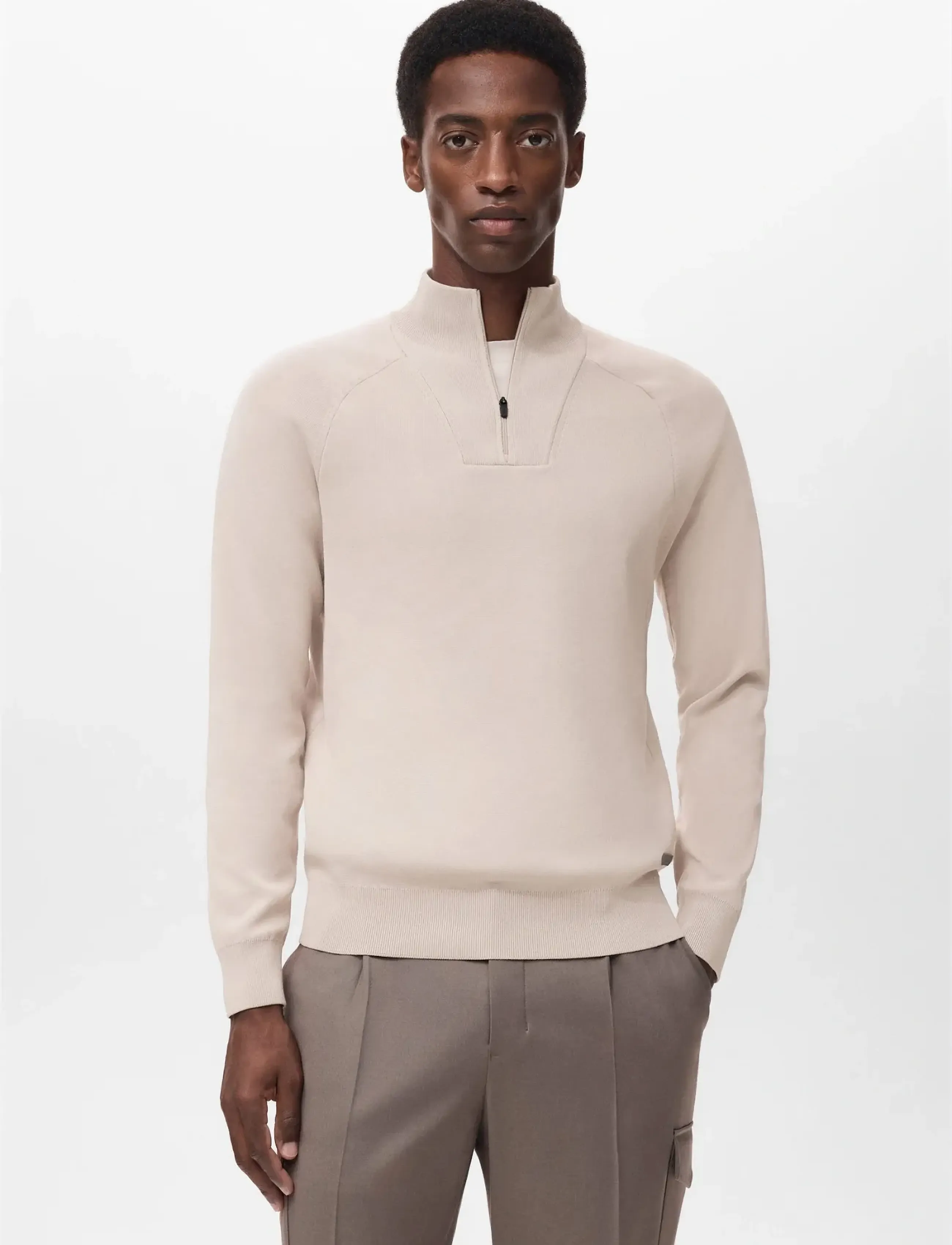 Mango Breathable Zip-Neck Sweater, Lynlås Sweater, Beige, Str: XL