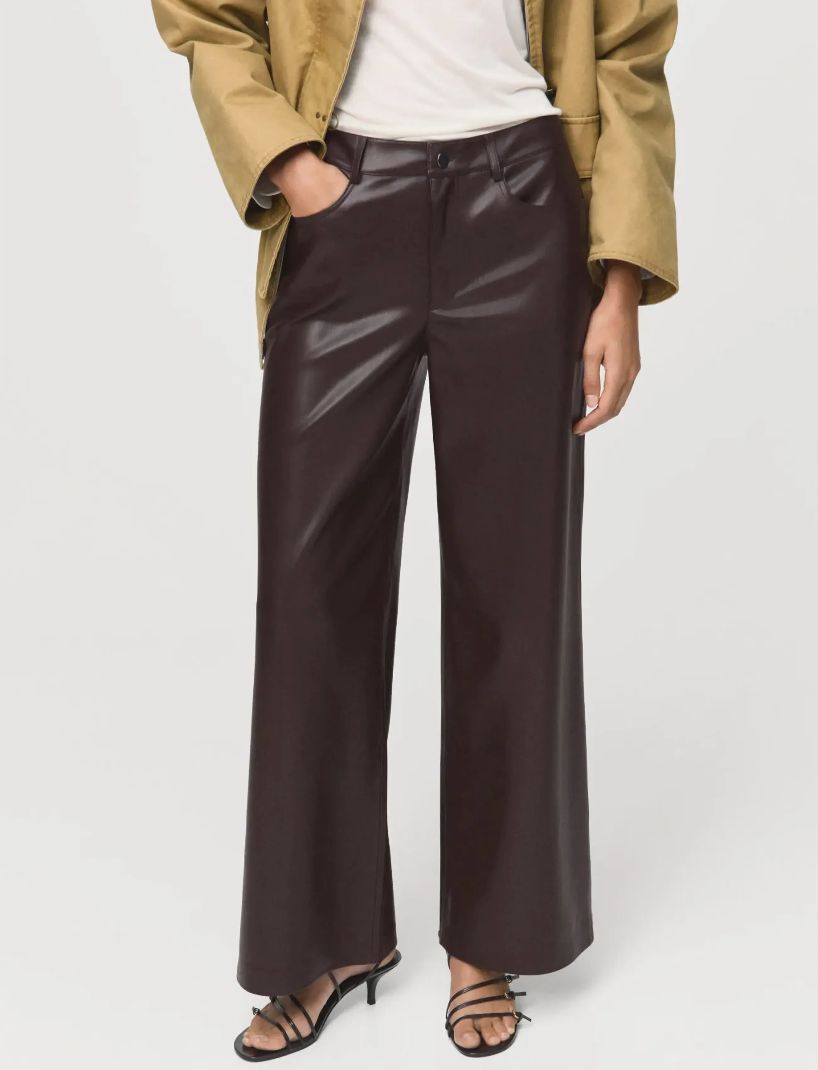 Mango Straight-Leg Faux-Leather Trousers, Kvinder, Højtaljede Faux Læder Lige Ben Bukser, Brun, Str: 34