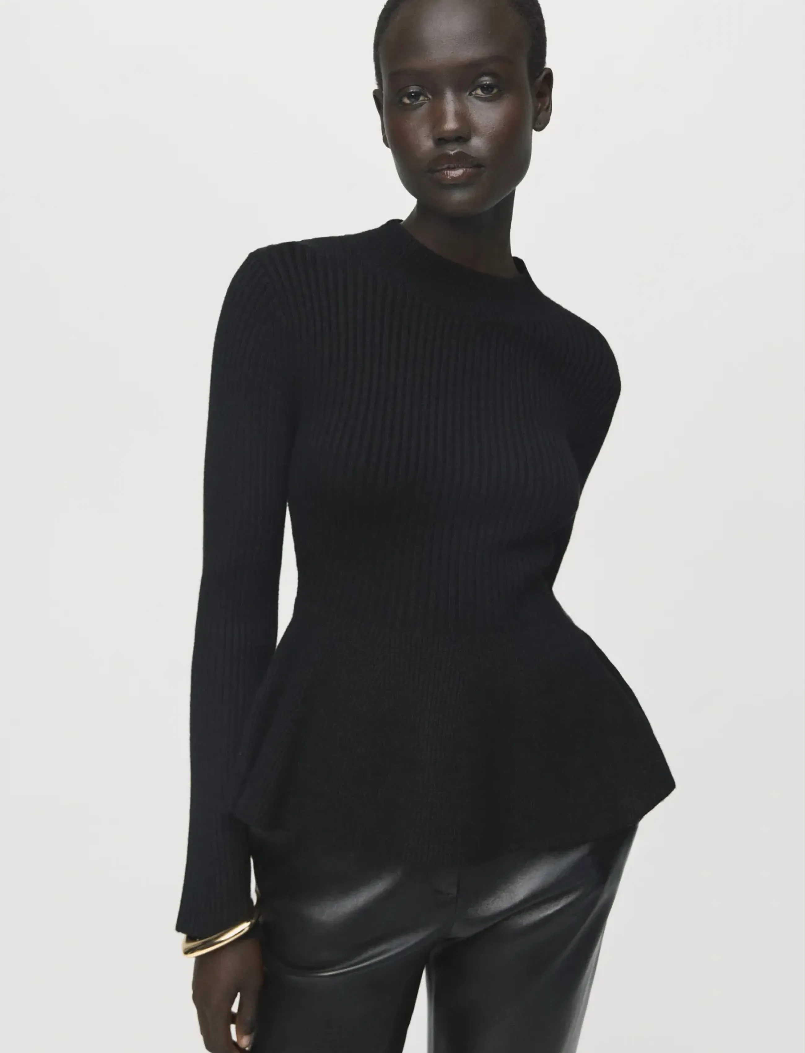 Mango Ribbed peplum sweater - T-shirts & Toppe - BLACK / black