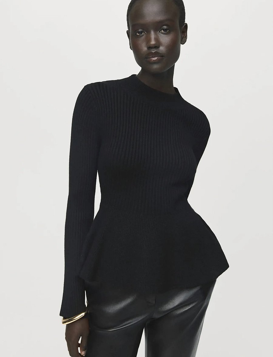 Mango - Ribbed peplum sweater - langermede bluser - black - 0