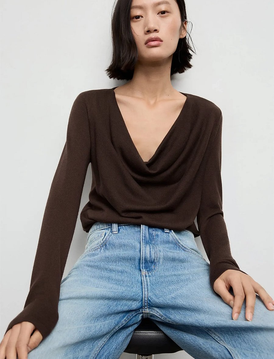 Mango - Draped-neck sweater - langärmelige blusen - dark brown - 0