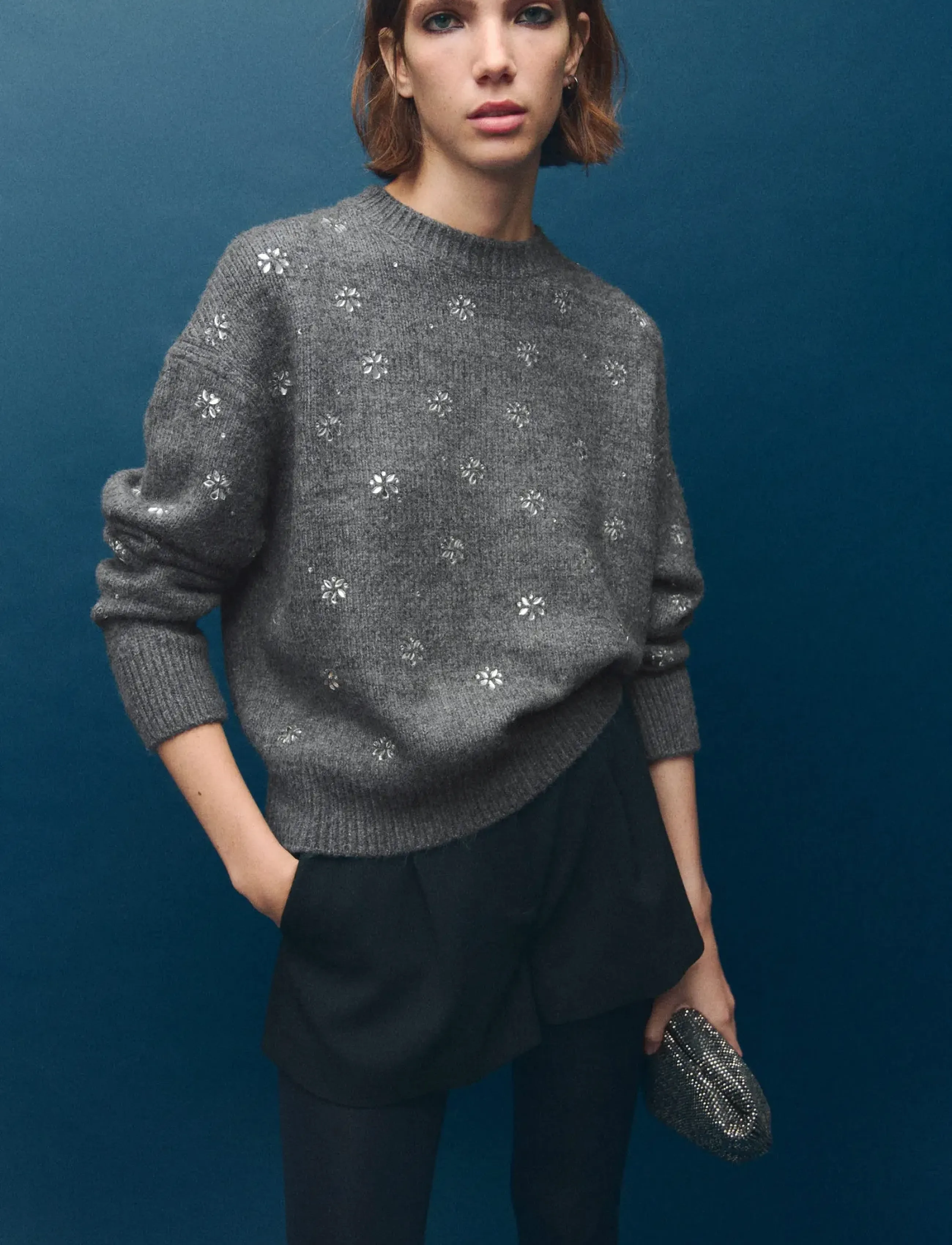 Mango Crystal Detail Sweatshirt, S, Grey, Strik > Trøjer, Dame