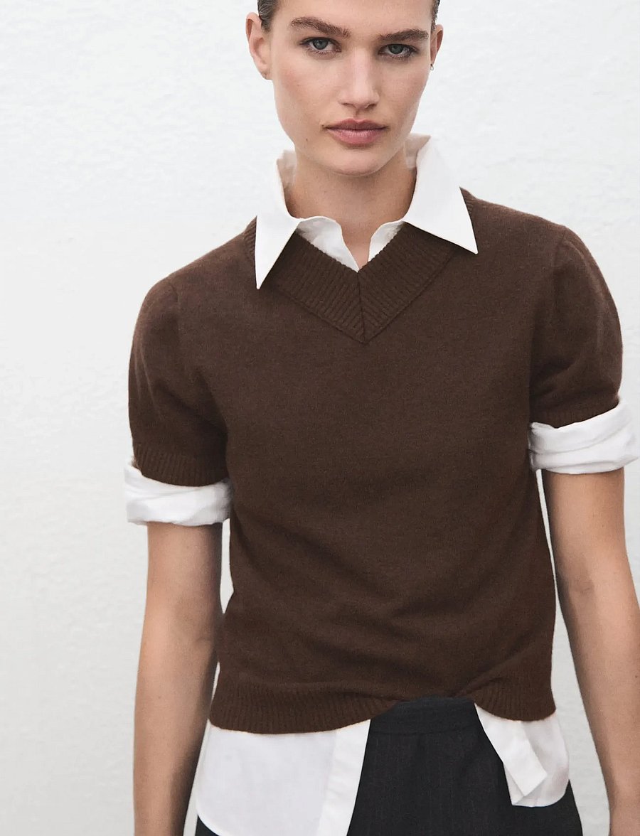 Mango - V-neck knit sweater - t-shirts - dark brown - 0
