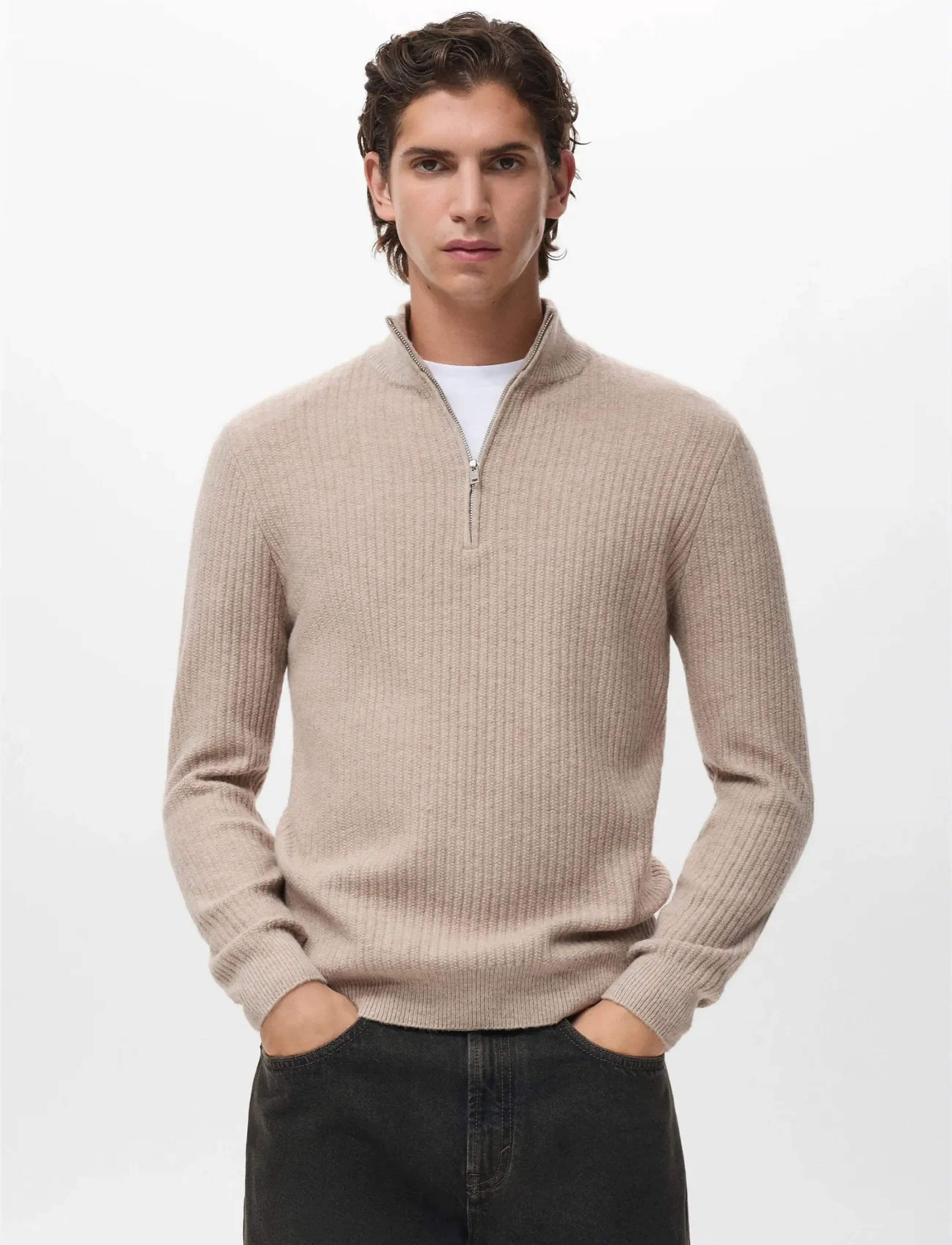 Mango Ribbed sweater with zip neck - Looks for less - LT PASTEL BROWN / beige