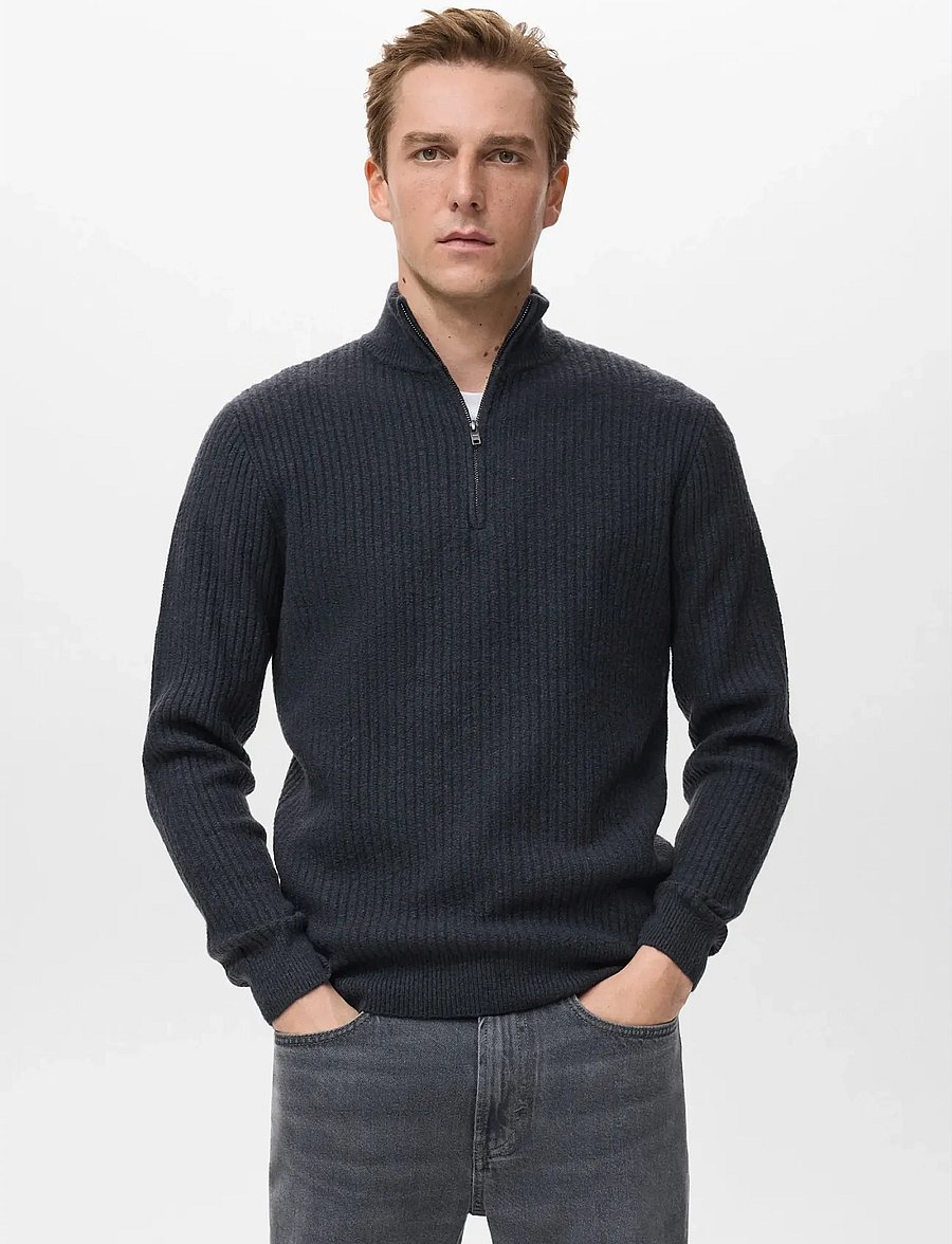 Mango - Ribbed sweater with zip neck - halfzip strik - medium blue - 0