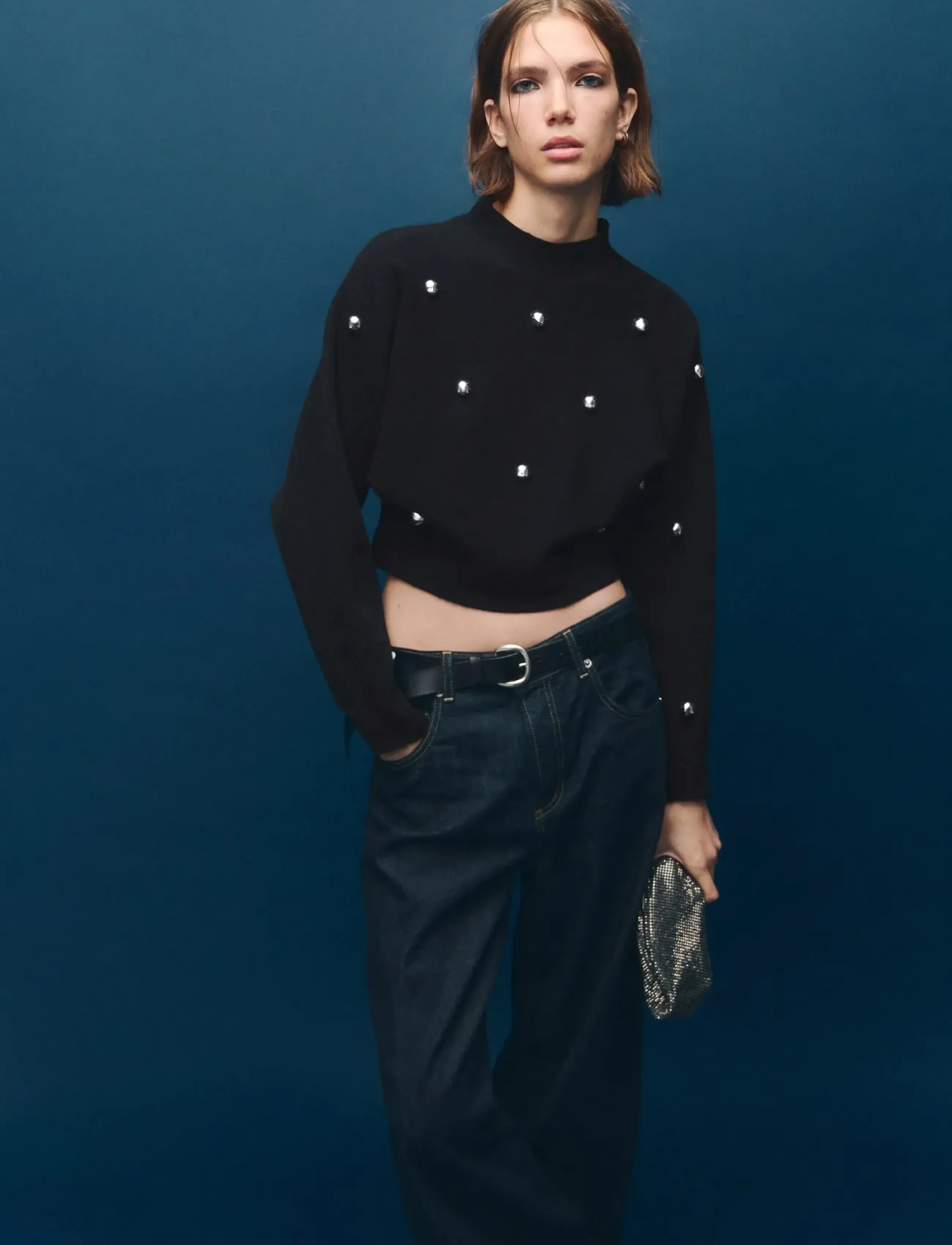 Mango Perkins-Neck Sweater With Spheres, L, Black, Strik > Trøjer, Dame