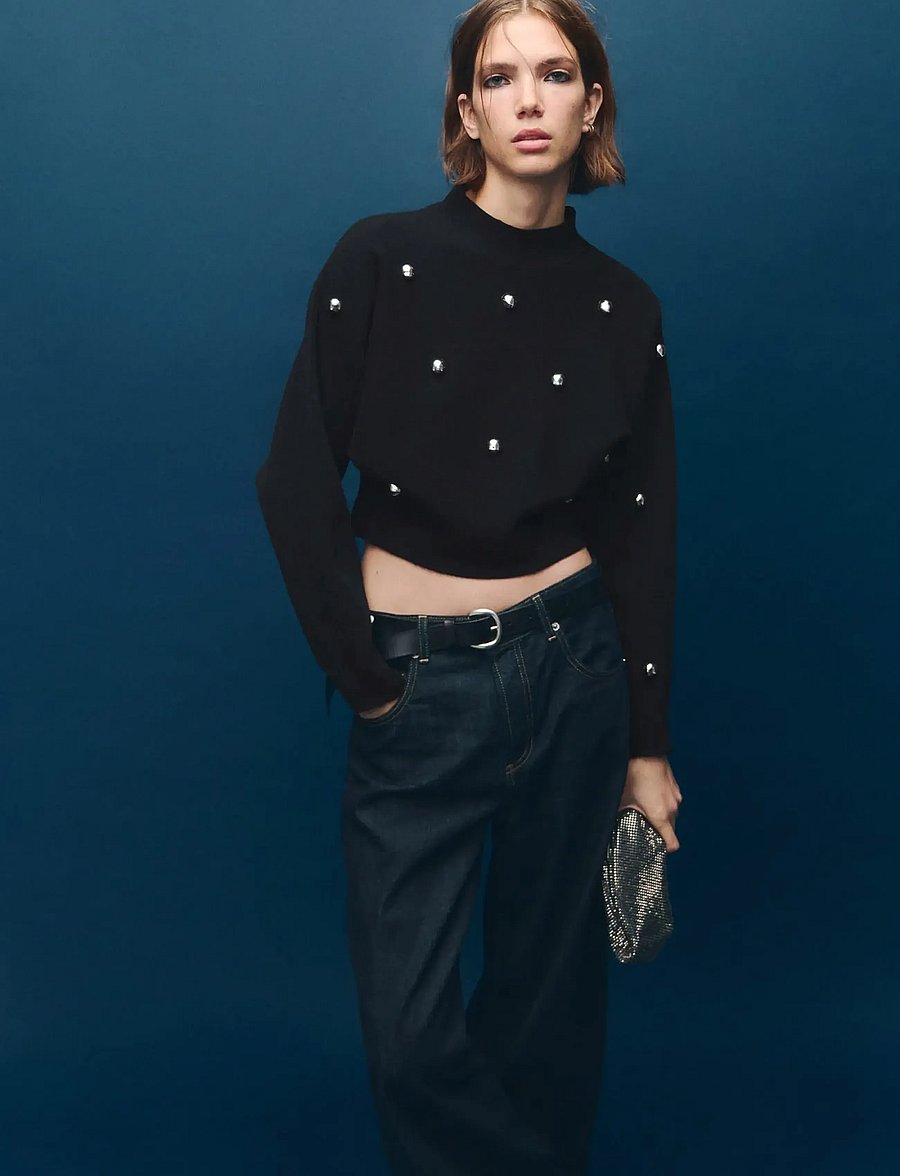 Mango - Perkins-neck sweater with spheres - stickade tröjor - black - 0