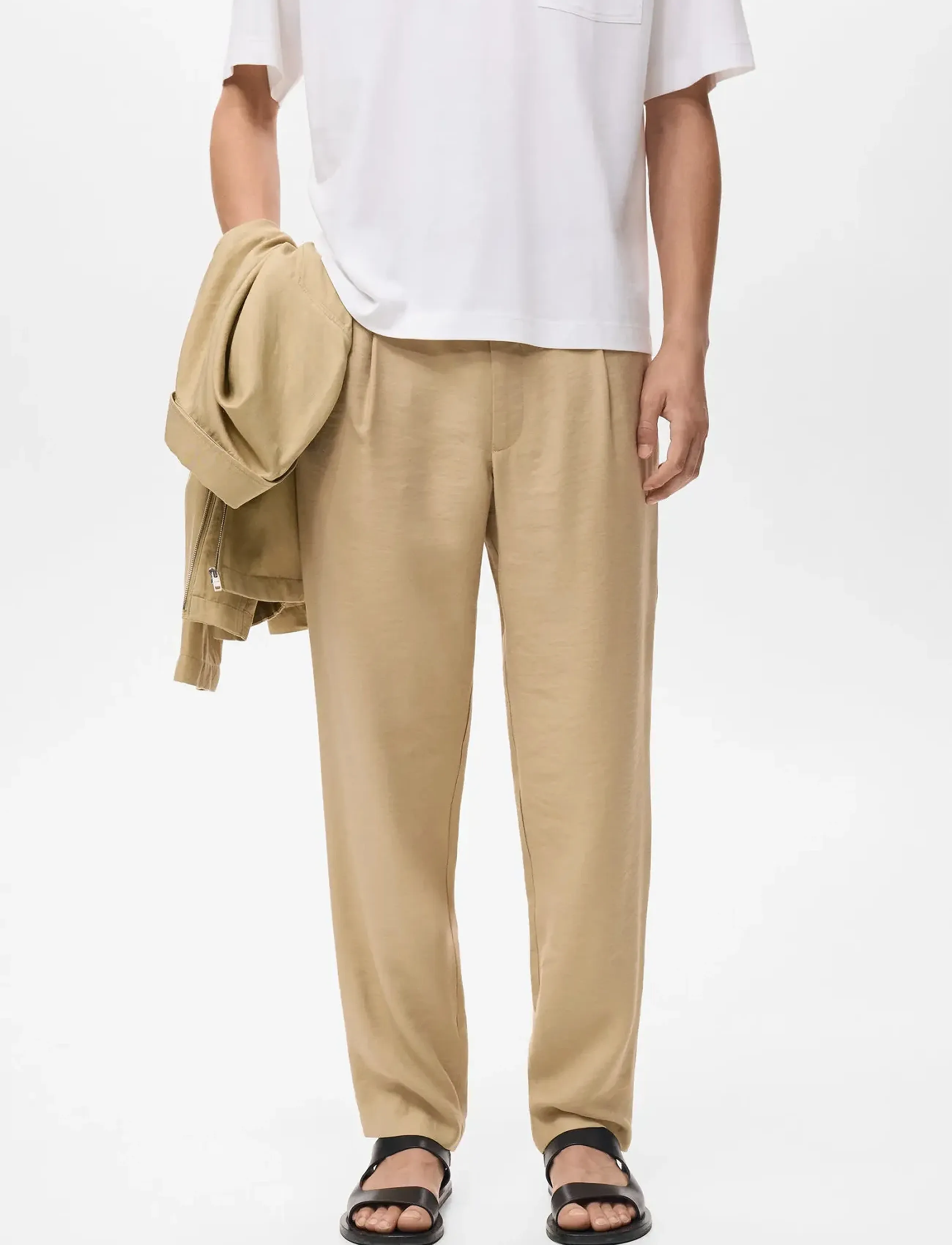 Mango Straight-Fit Pleated Trousers, Mænd, Straight-fit Plisserede Bukser, Beige, Str: 42