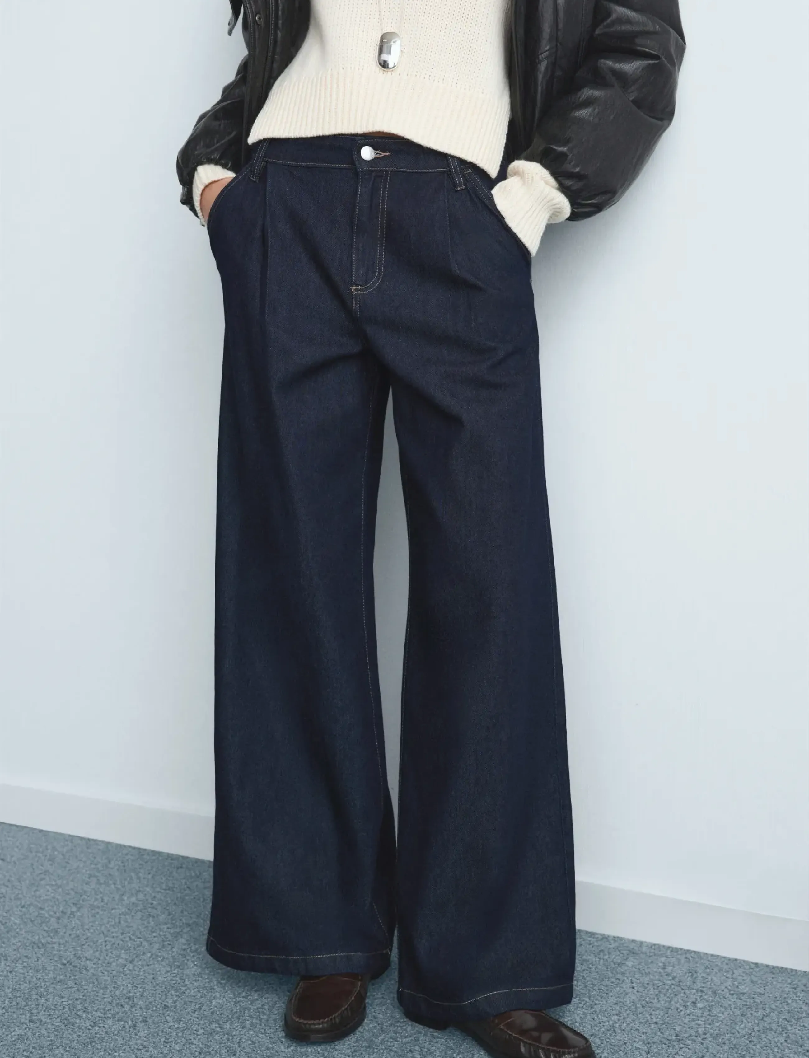 Mango Wide leg pleated jeans - Kläder - OPEN BLUE / navy