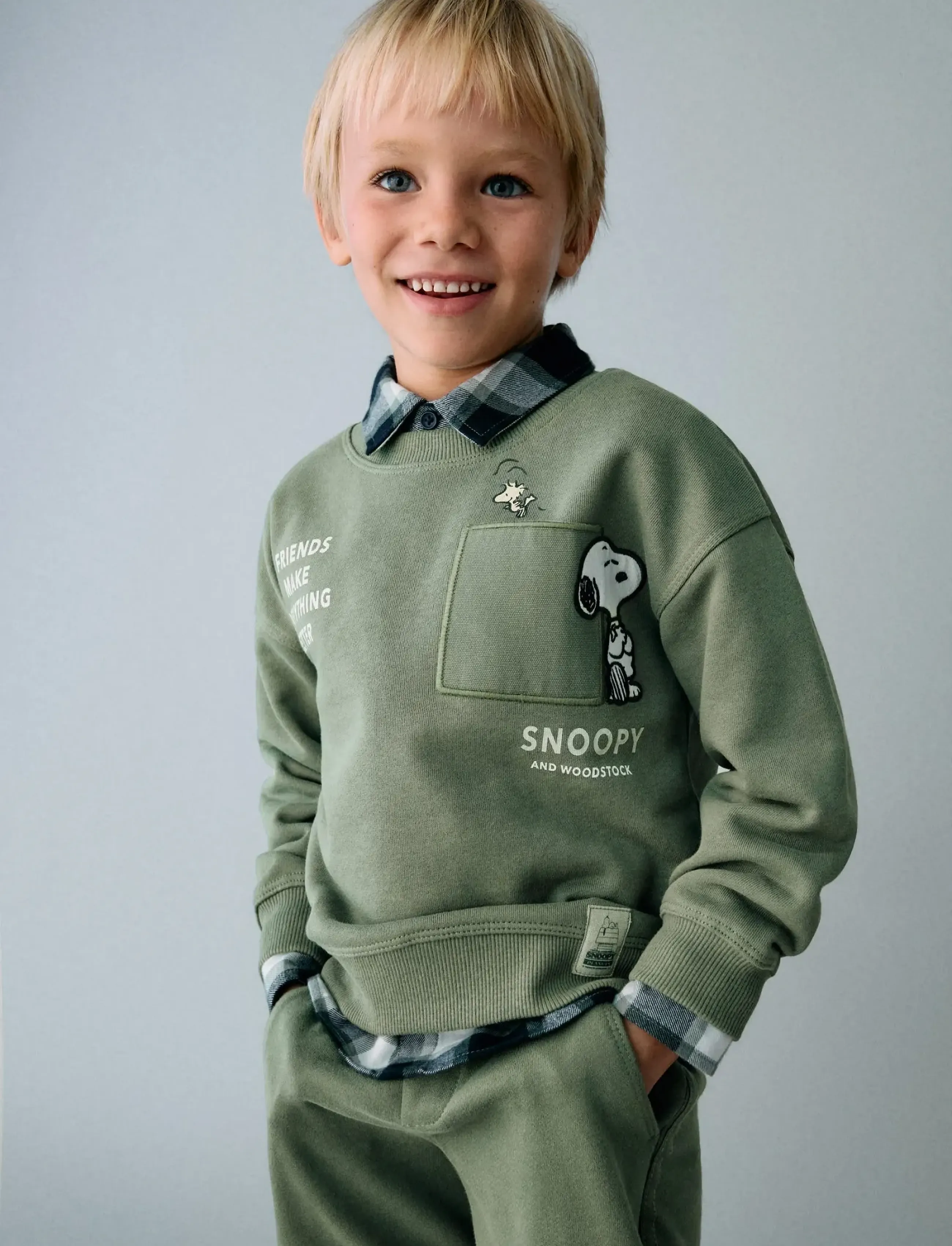 Mango Embroidered Snoopy Sweatshirt, Børn, Snoopy Sweatshirt, Grøn, Str: 3-4