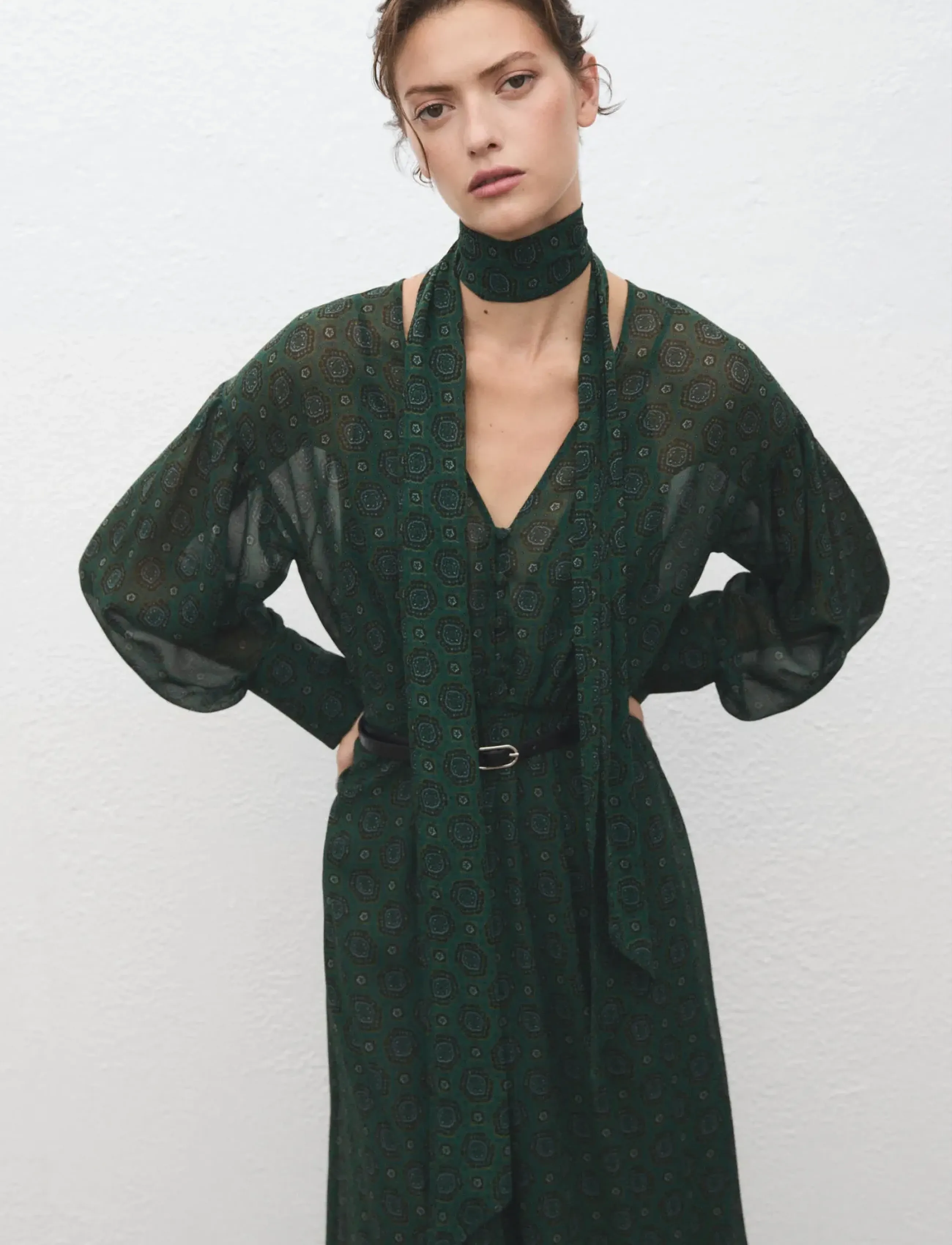 Mango Printed dress with foulard - Kläder - GREEN / green