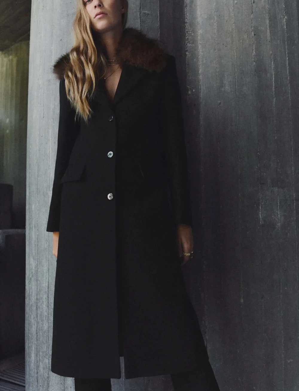 Mango - Wool coat with fur collar - uldfrakker - black - 0