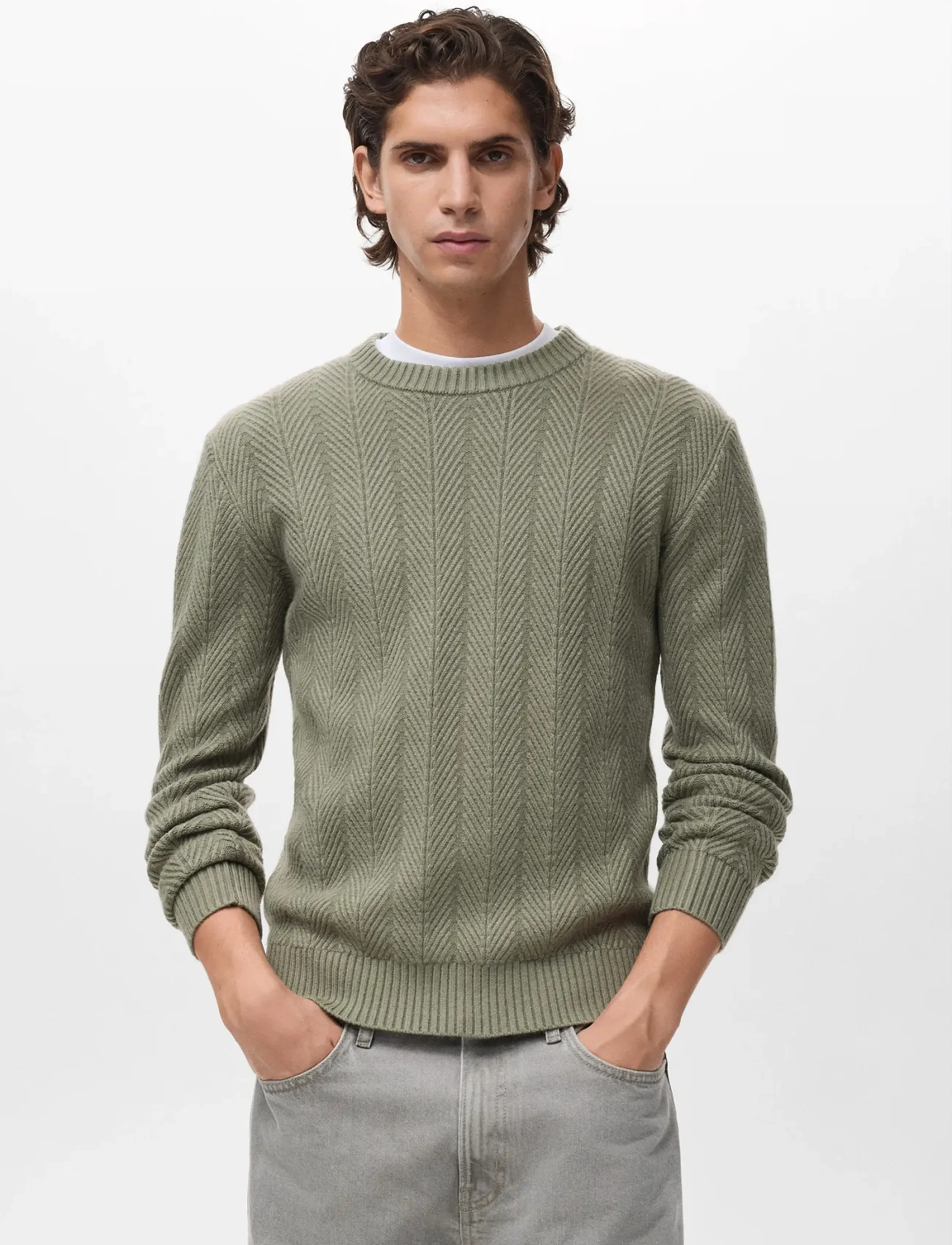 Mango Herringbone Structured Sweater, Mænd, Sildebensmønstret Sweater, Kakigrøn, Str: S
