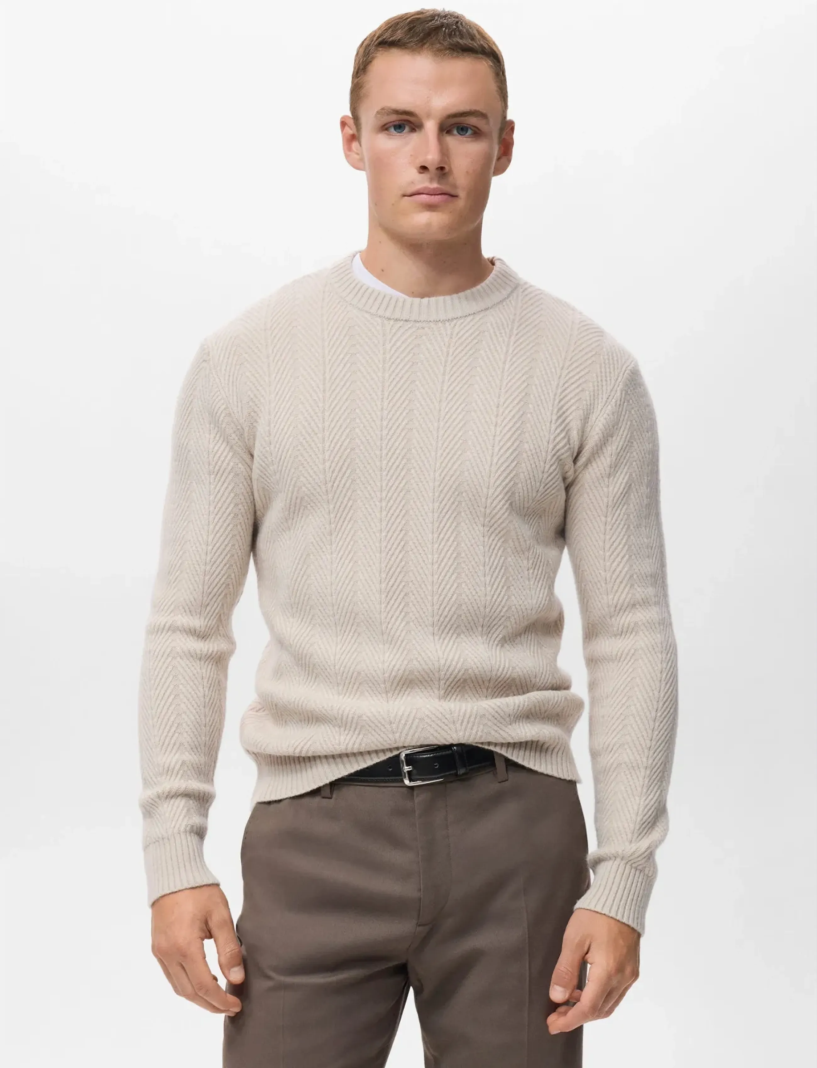 Mango Herringbone Structured Sweater, Mænd, Sildebensmønstret Sweater, Beige, Str: XXL
