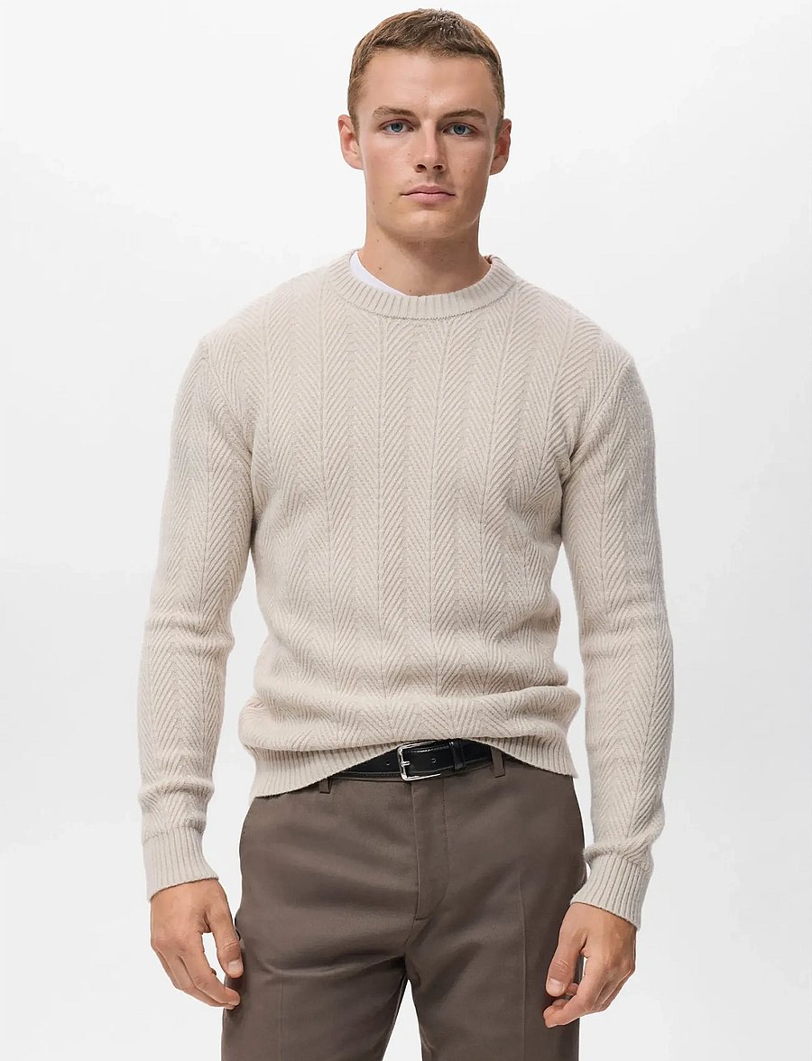Mango - Herringbone structured sweater - rund hals - light beige - 0