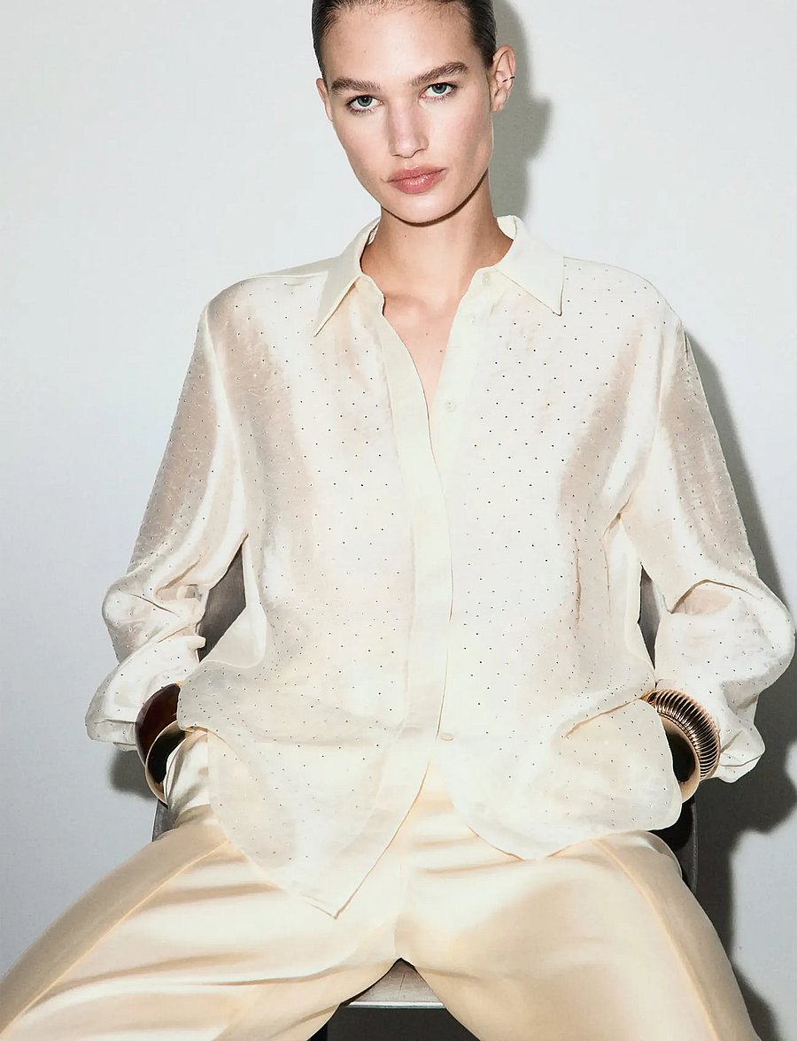 Mango - Satin shirt with rhinestones - langærmede skjorter - light beige - 0