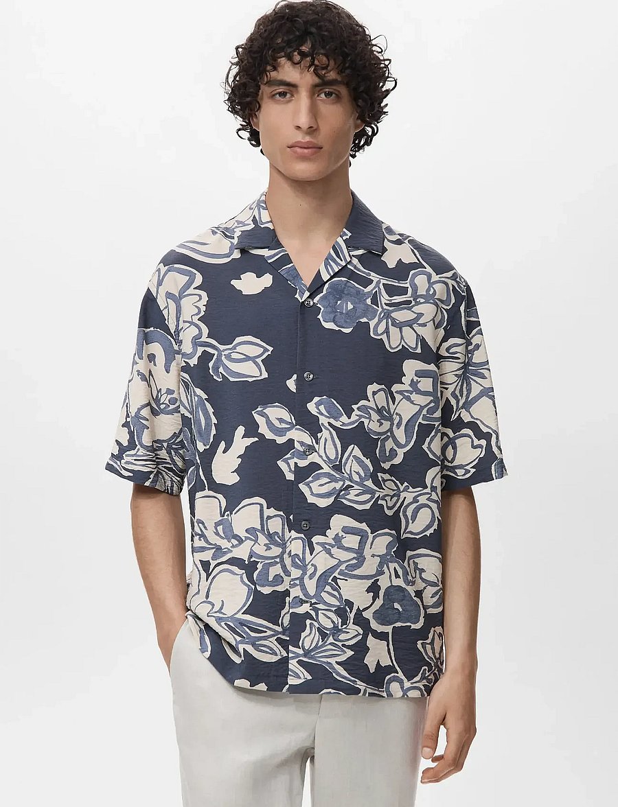 Mango - Creased-effect floral shirt - mönstrade skjortor - navy - 0