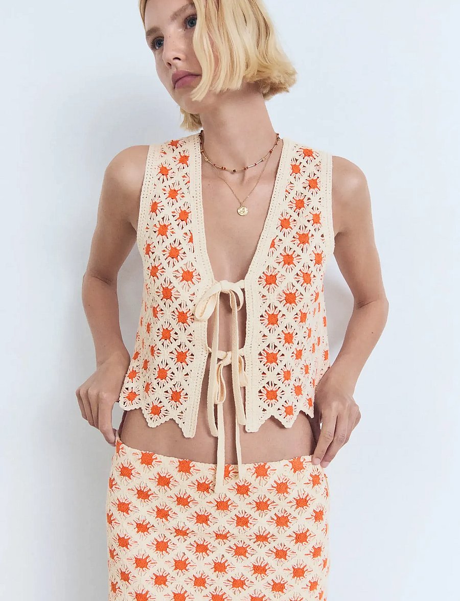 Mango - Crochet top with ties - orange - 0