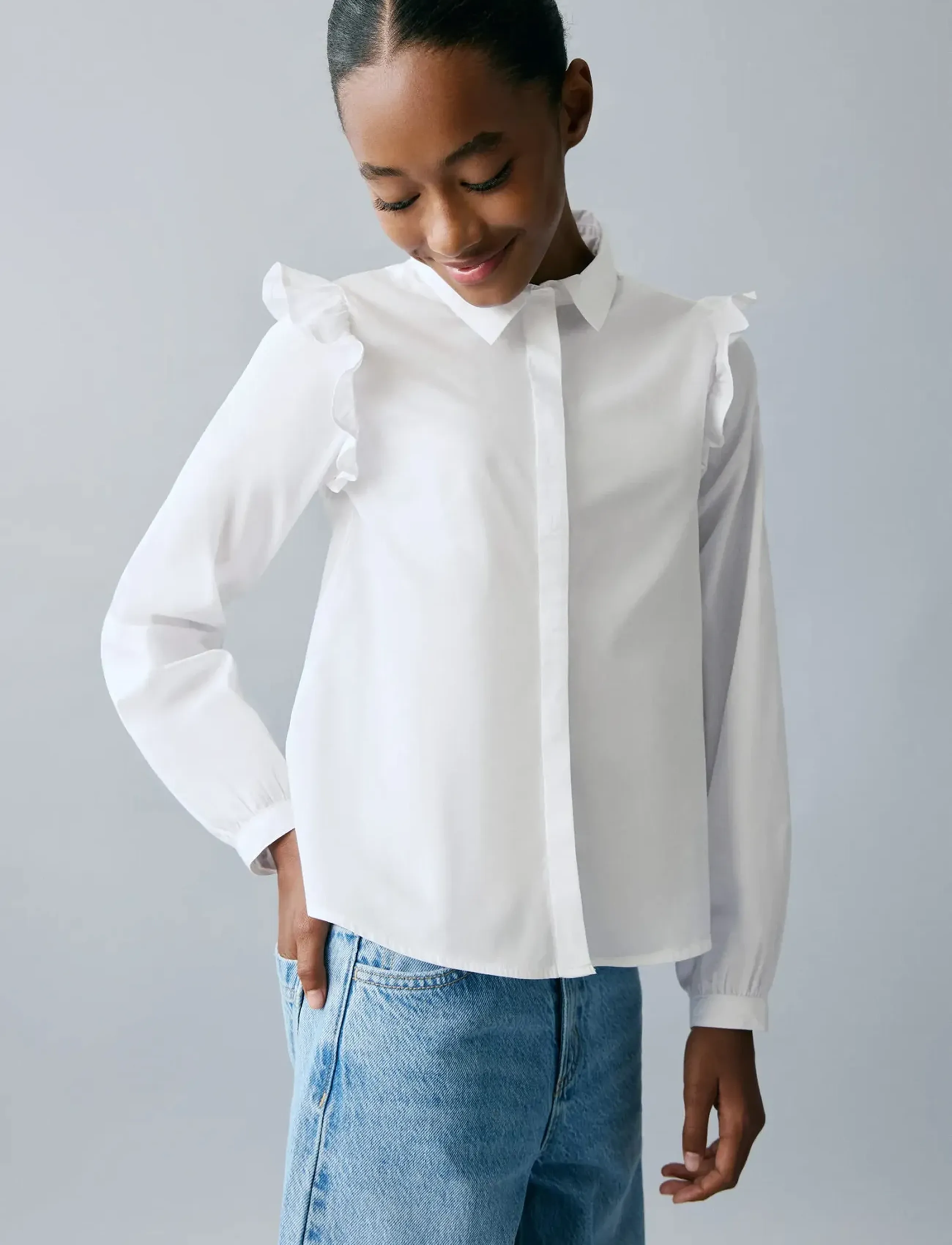 Mango Shirt With Ruffle Detail, 116, Shirts, Weiß - Long-sleeved Kinder