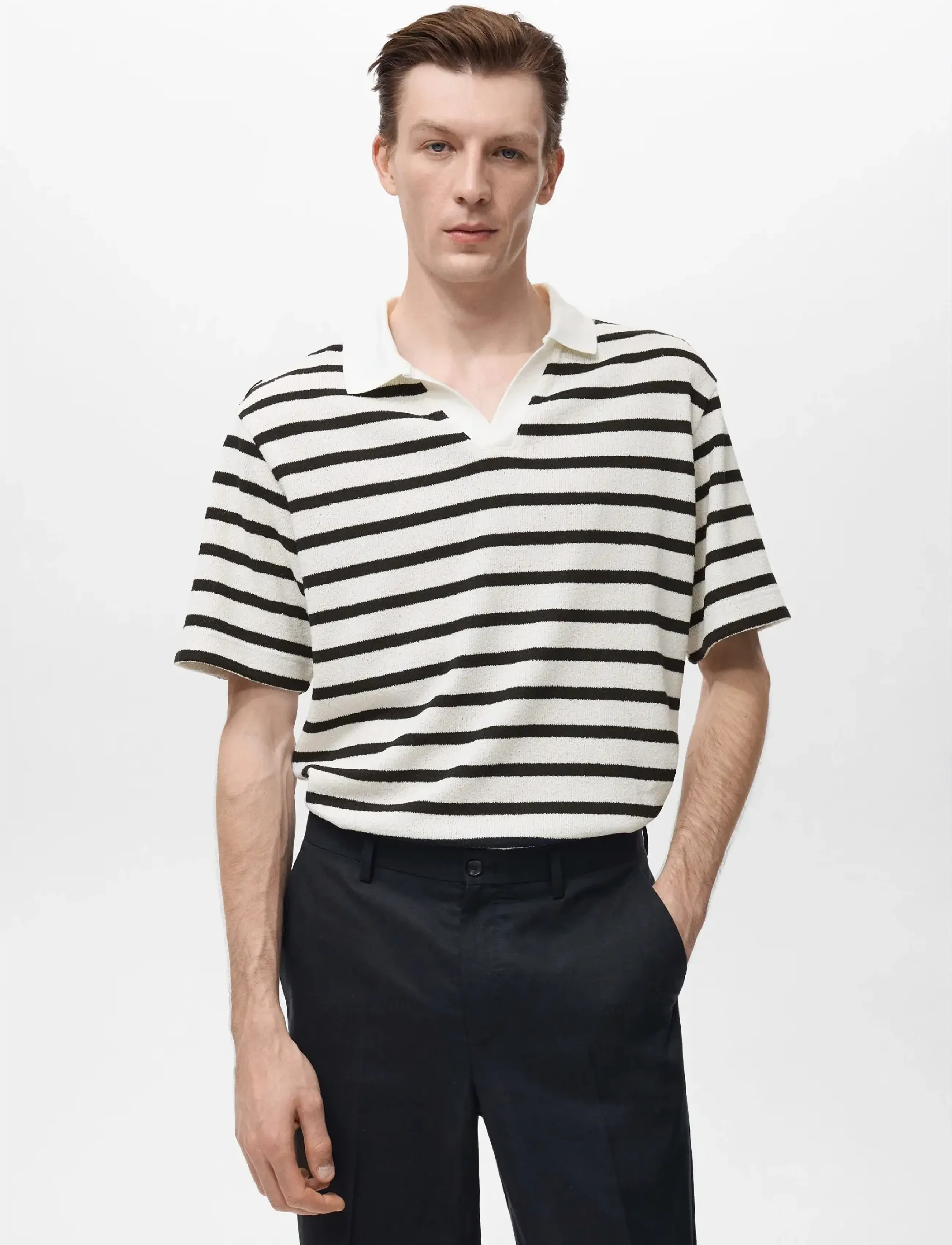 Mango Striped textured knitted polo shirt - Strik - NATURAL WHITE / white