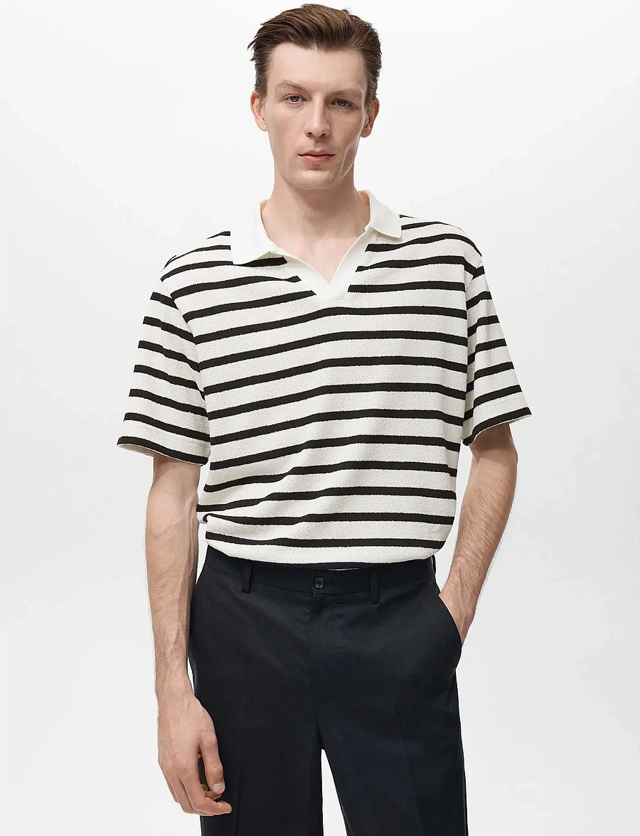 Mango - Striped textured knitted polo shirt - polostrik - natural white - 0